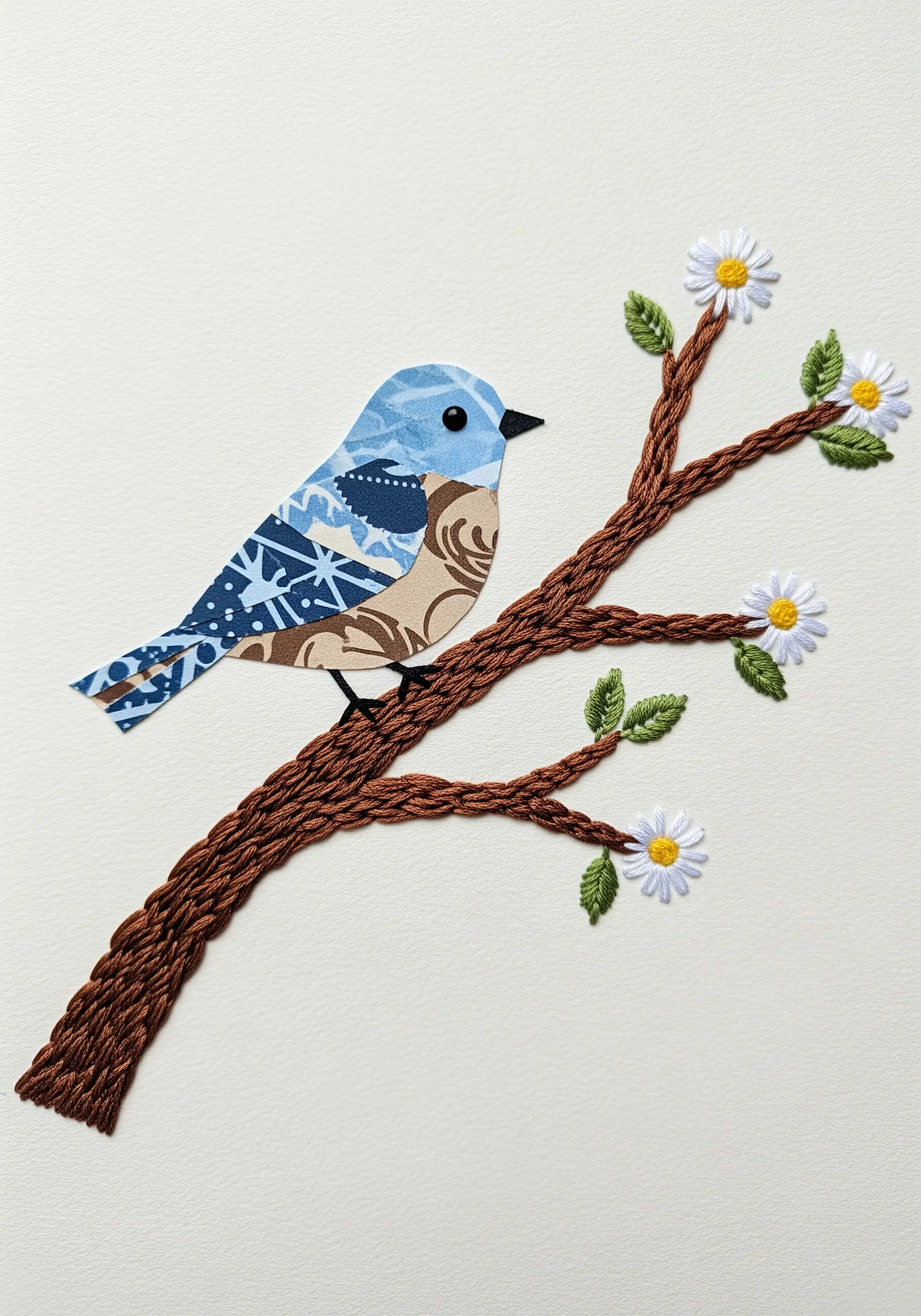 A paper collage bird perched on a three-dimensional embroidered branch with small stitched flowers.