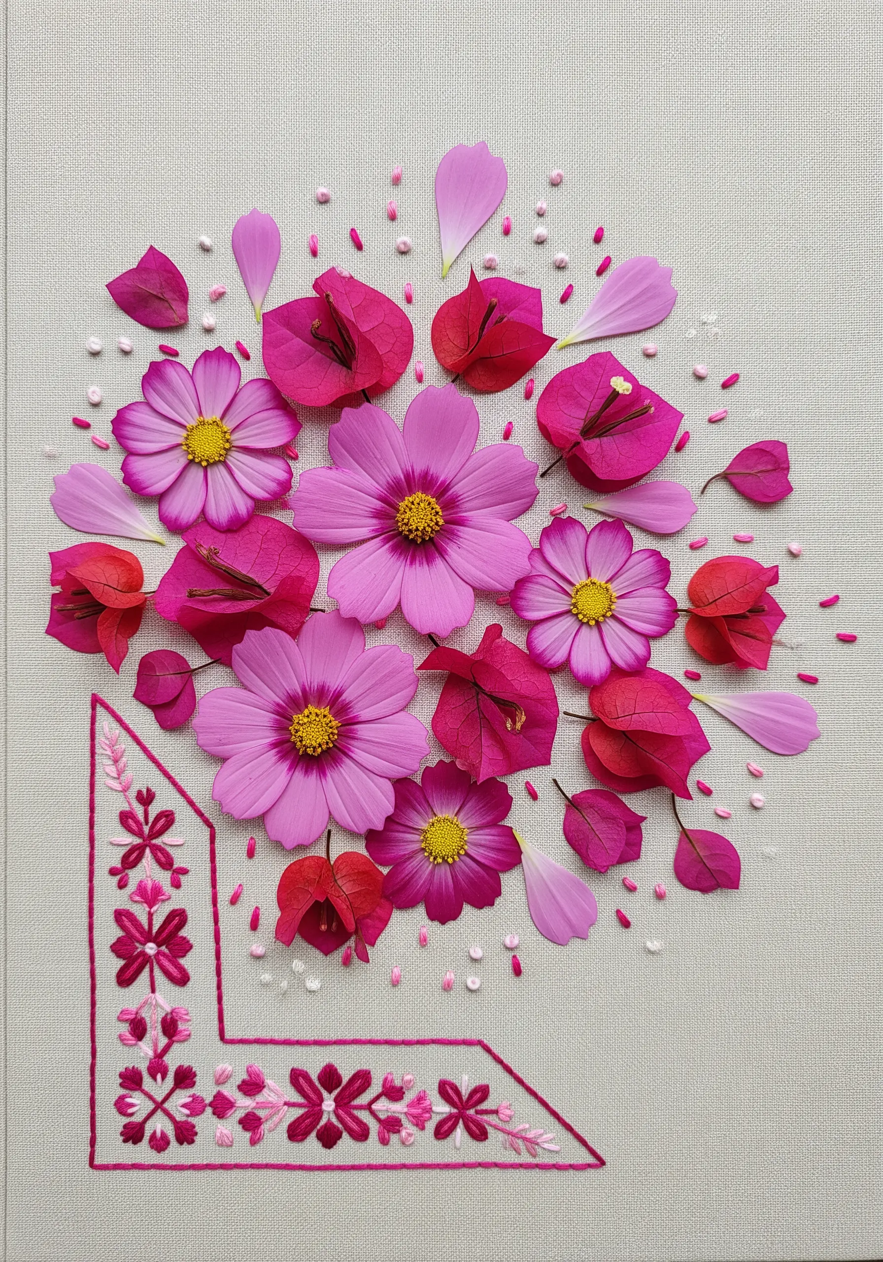 Pressed cosmos and bougainvillea petals scattered around a geometric embroidered corner.
