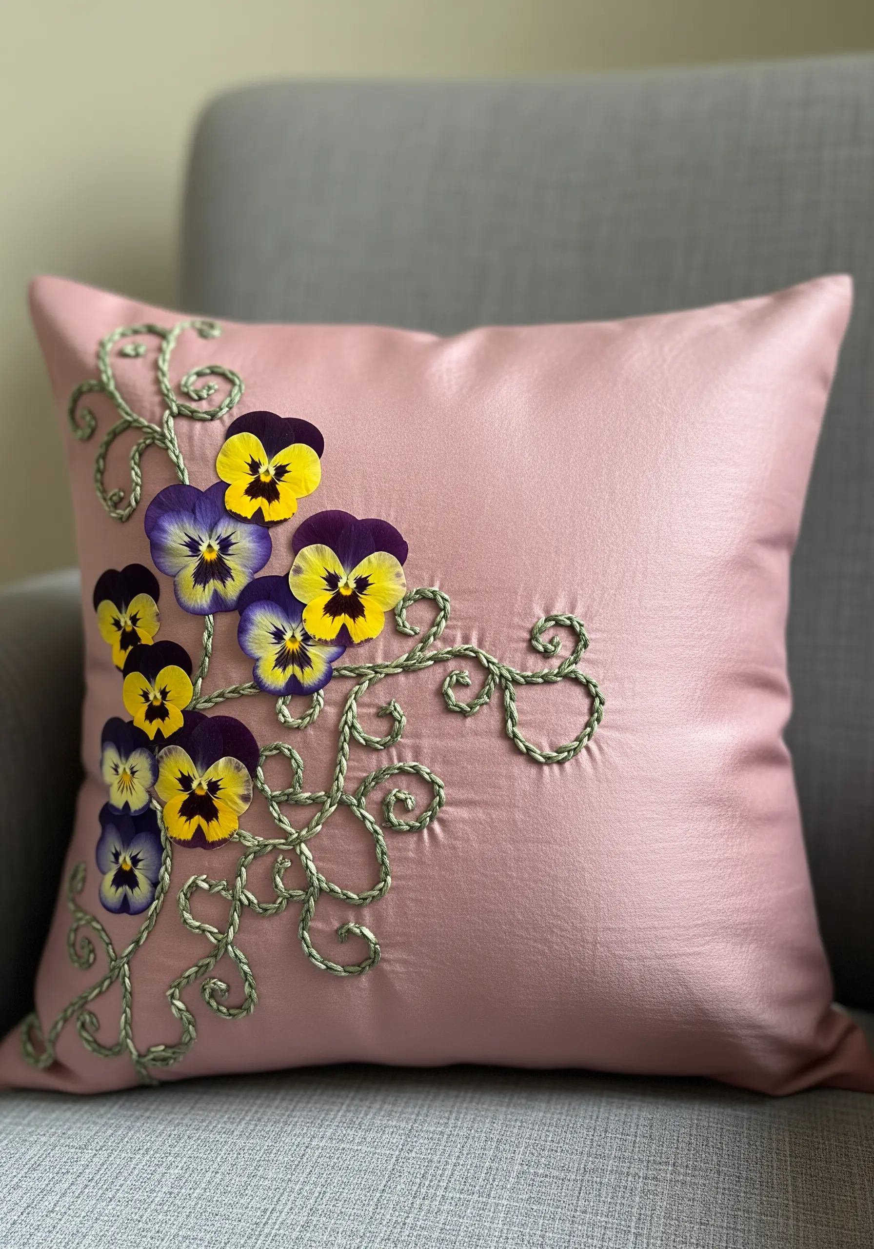Pressed pansies and embroidered green vines on the corner of a pink satin cushion.