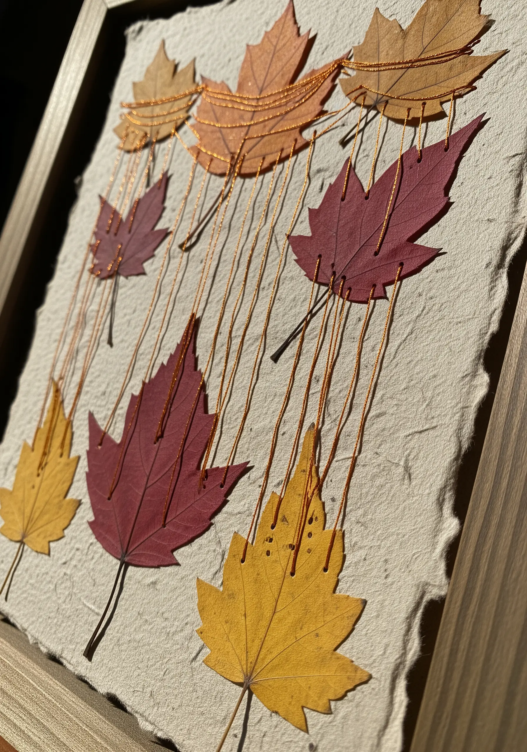 Pressed autumn leaves arranged on textured paper, stitched down with dripping lines of copper metallic thread.