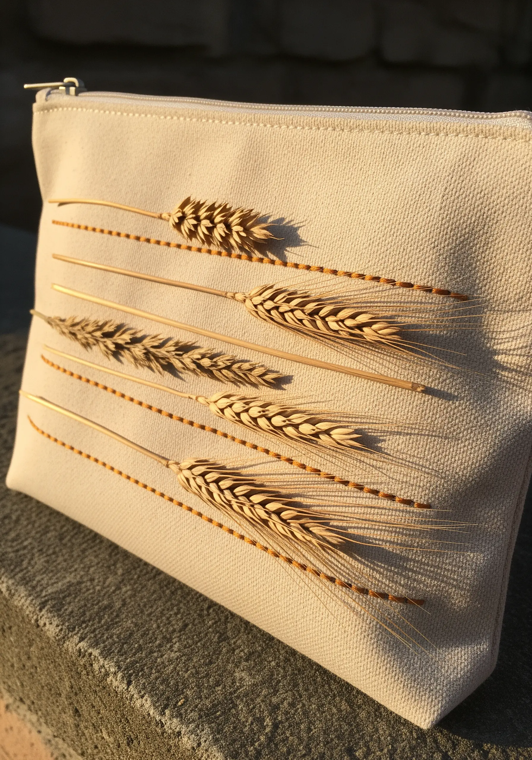A canvas pouch embellished with dried wheat stalks secured by orange running stitches.