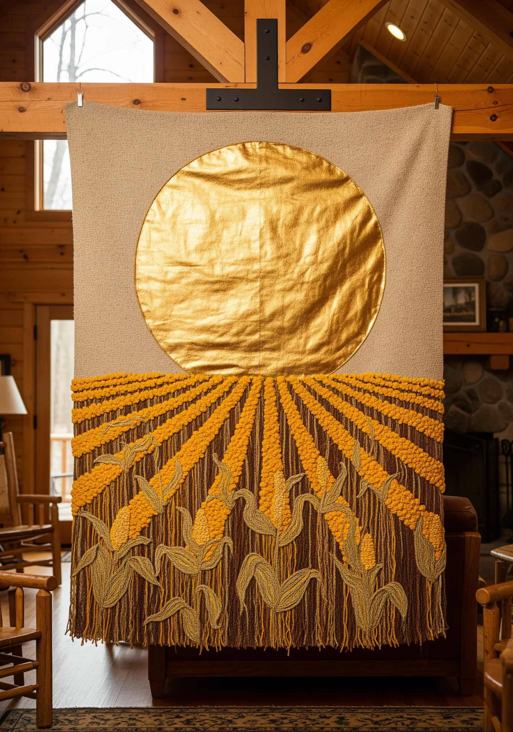 Large tapestry with gold metallic sun and cornfield