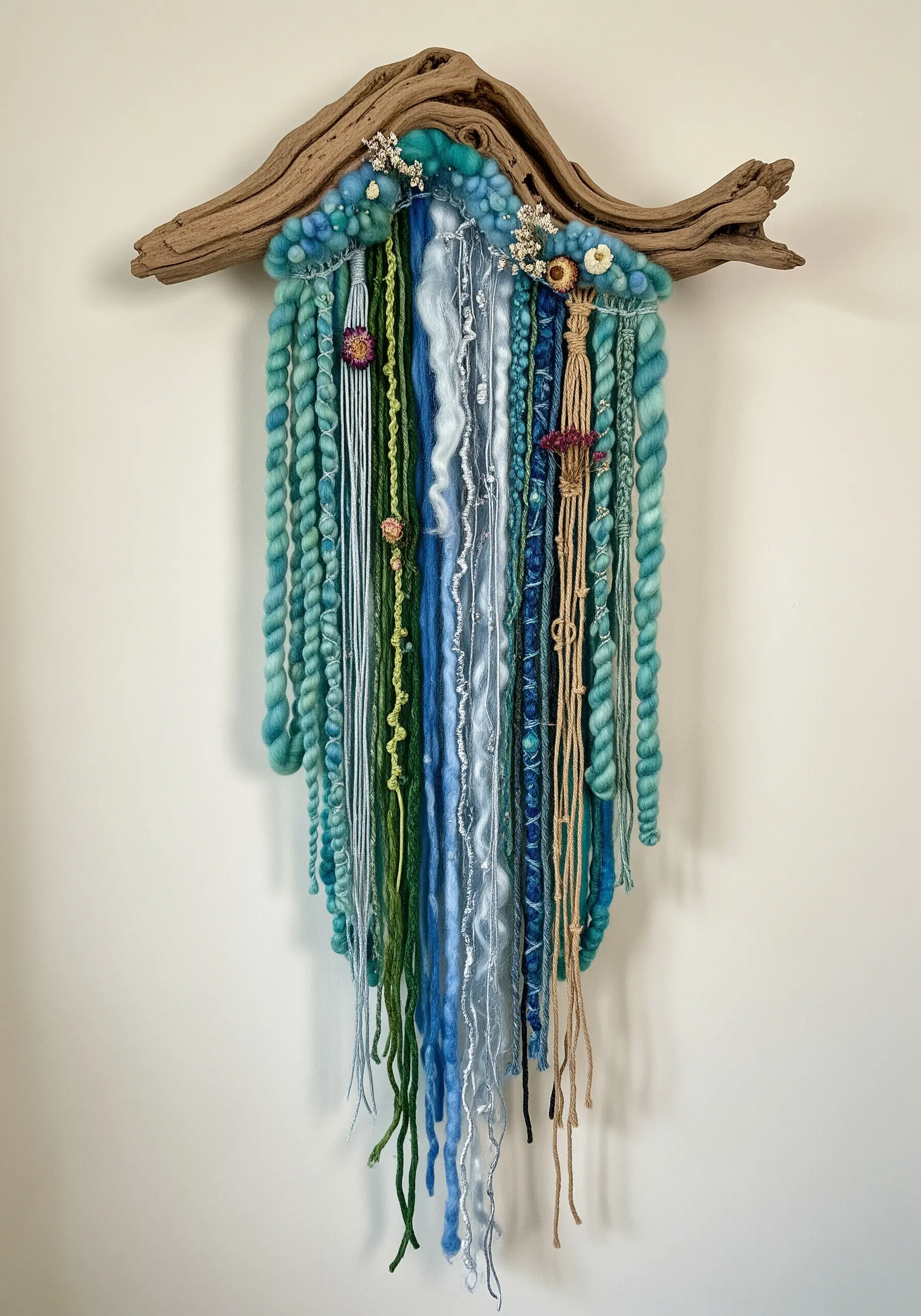 A wall hanging on a piece of driftwood with cascading yarns in shades of blue and green.