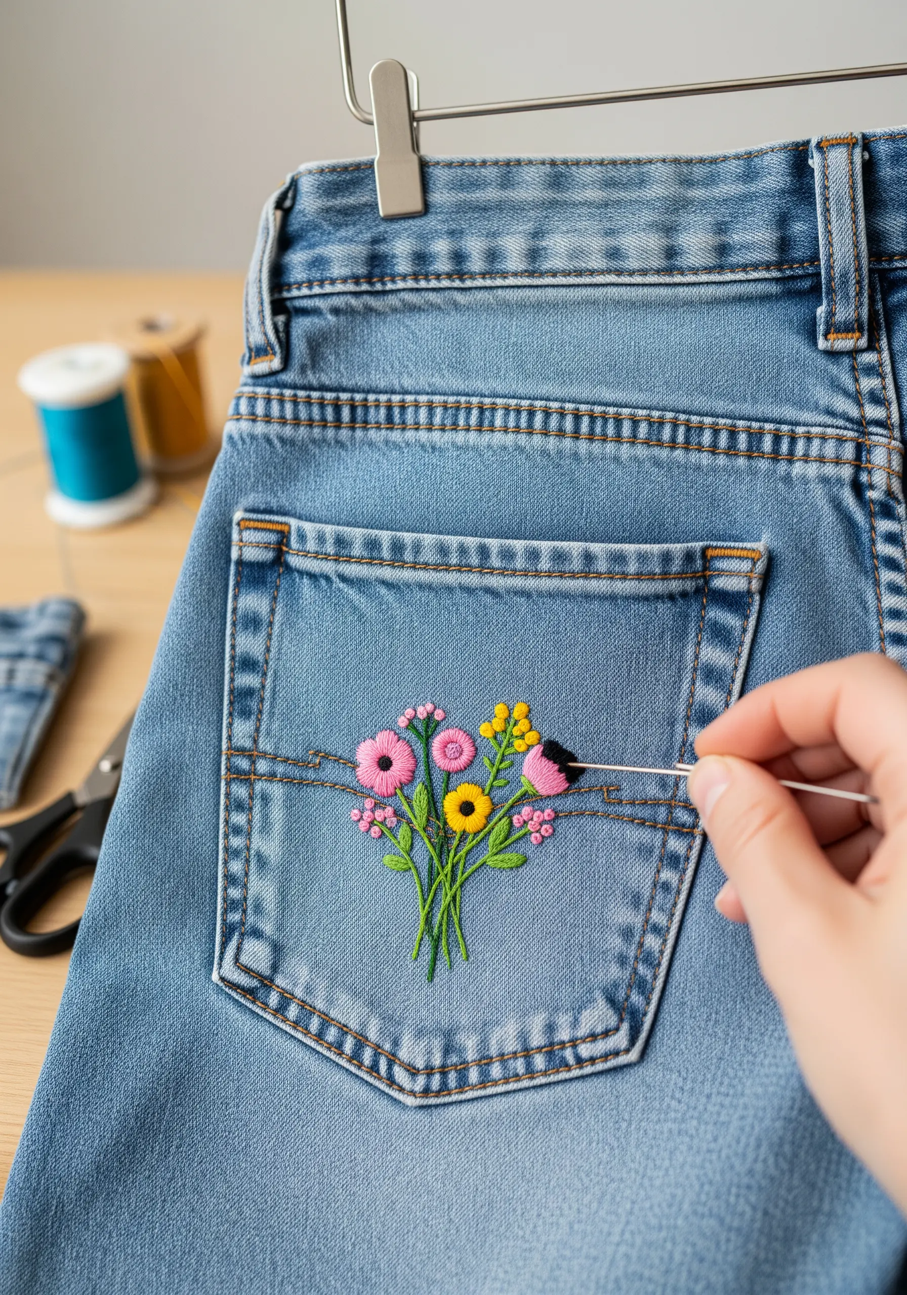 A vibrant floral bouquet with pink and yellow flowers stitched onto the back pocket of blue jeans.