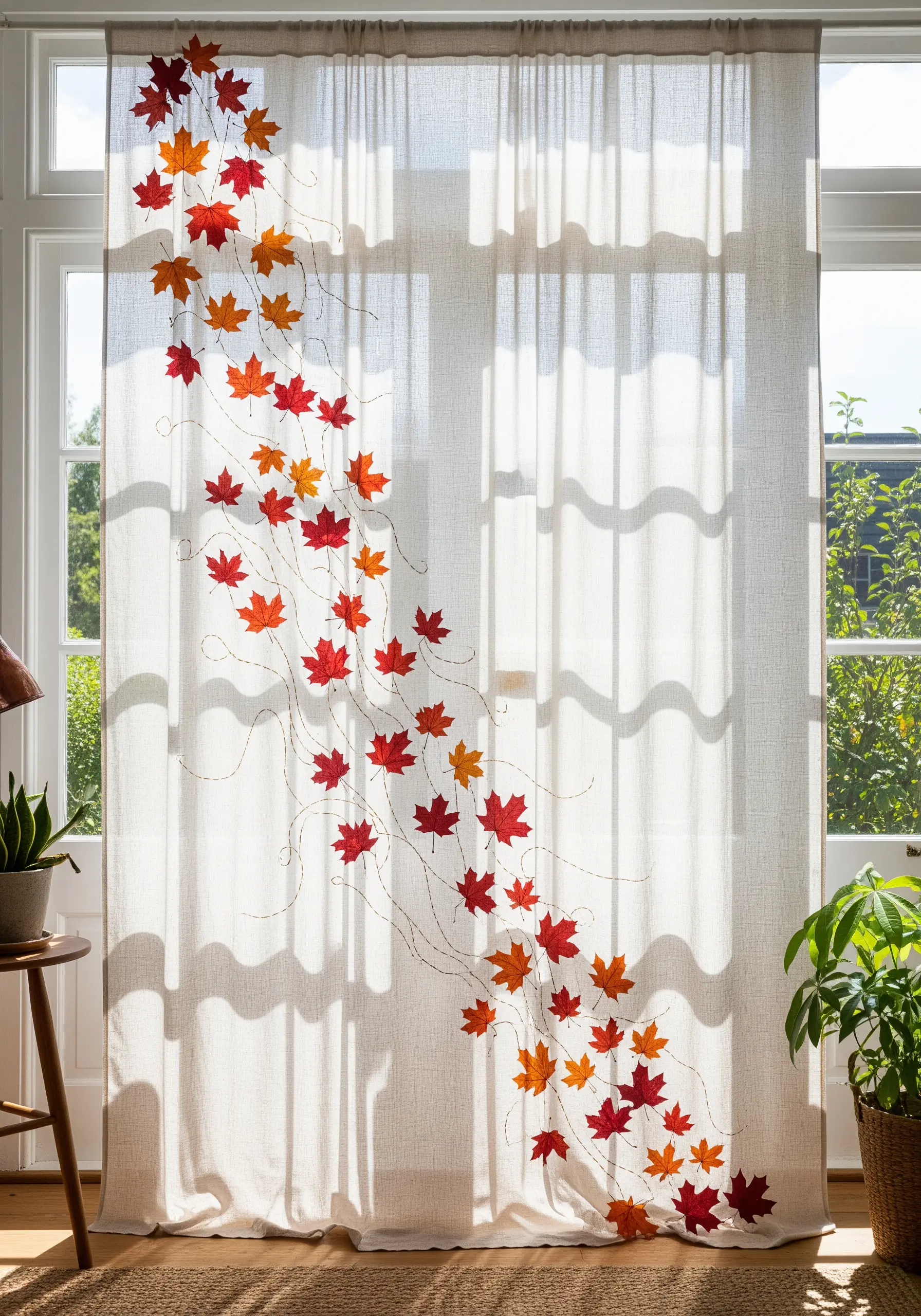 A cascade of pressed red and orange maple leaves stitched onto a sheer linen curtain.