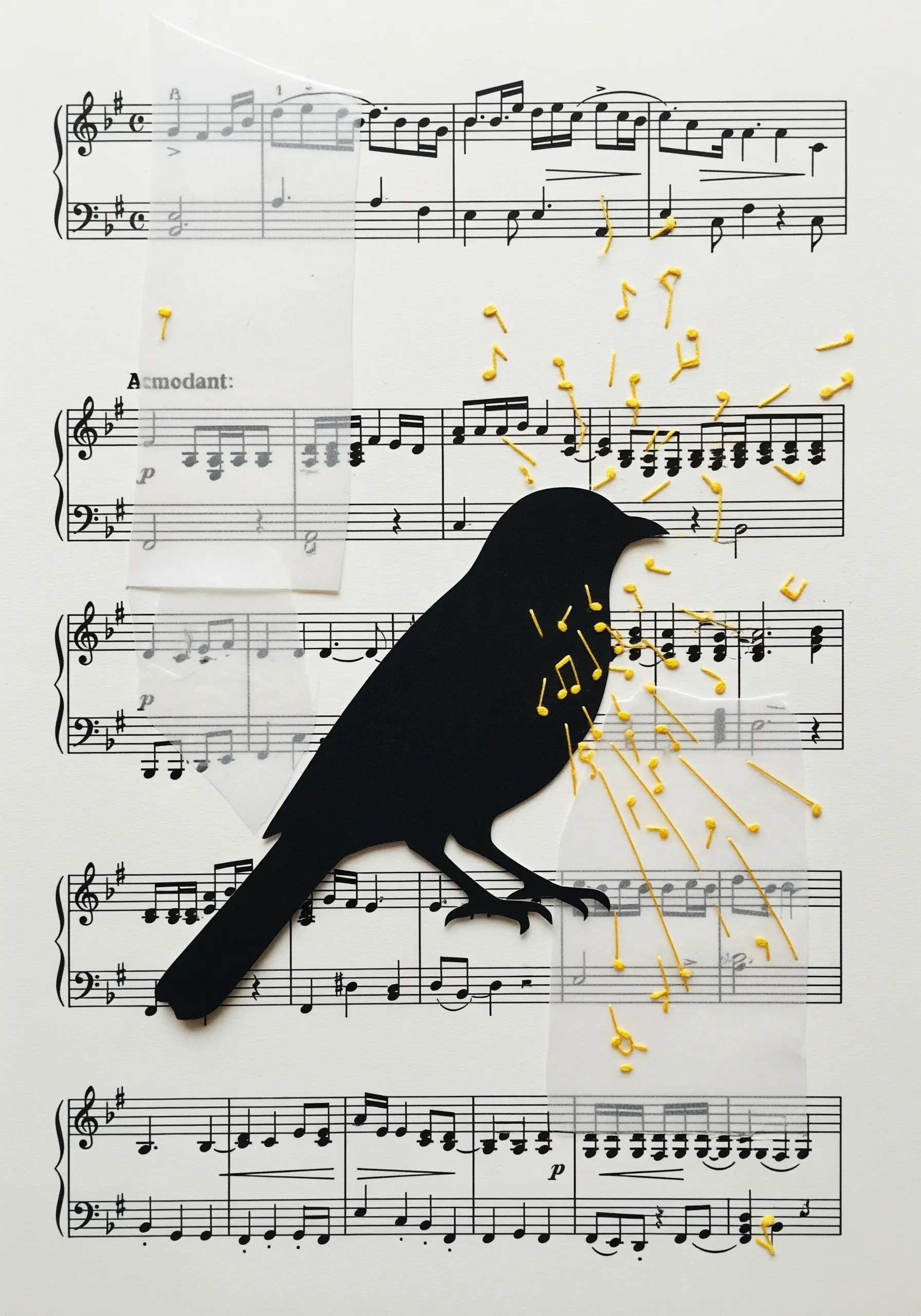 Bright yellow straight stitches and French knots creating musical notes around a bird silhouette.