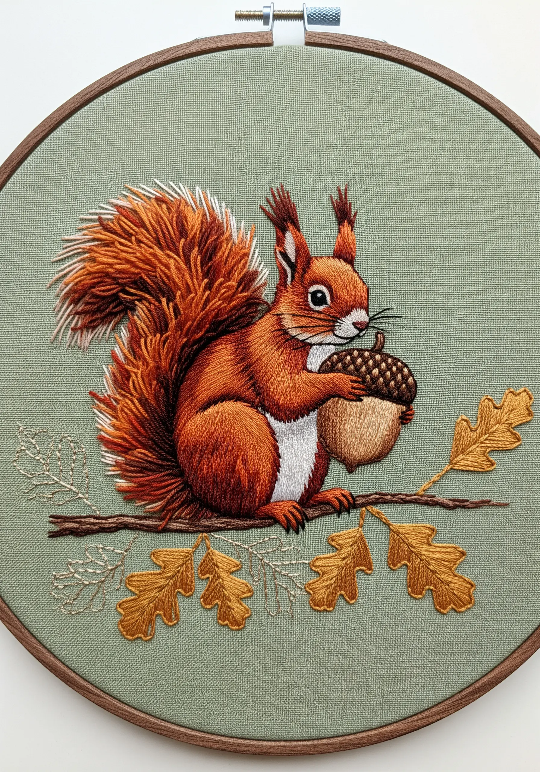 Embroidered red squirrel with a fluffy tail holding an acorn on a branch.