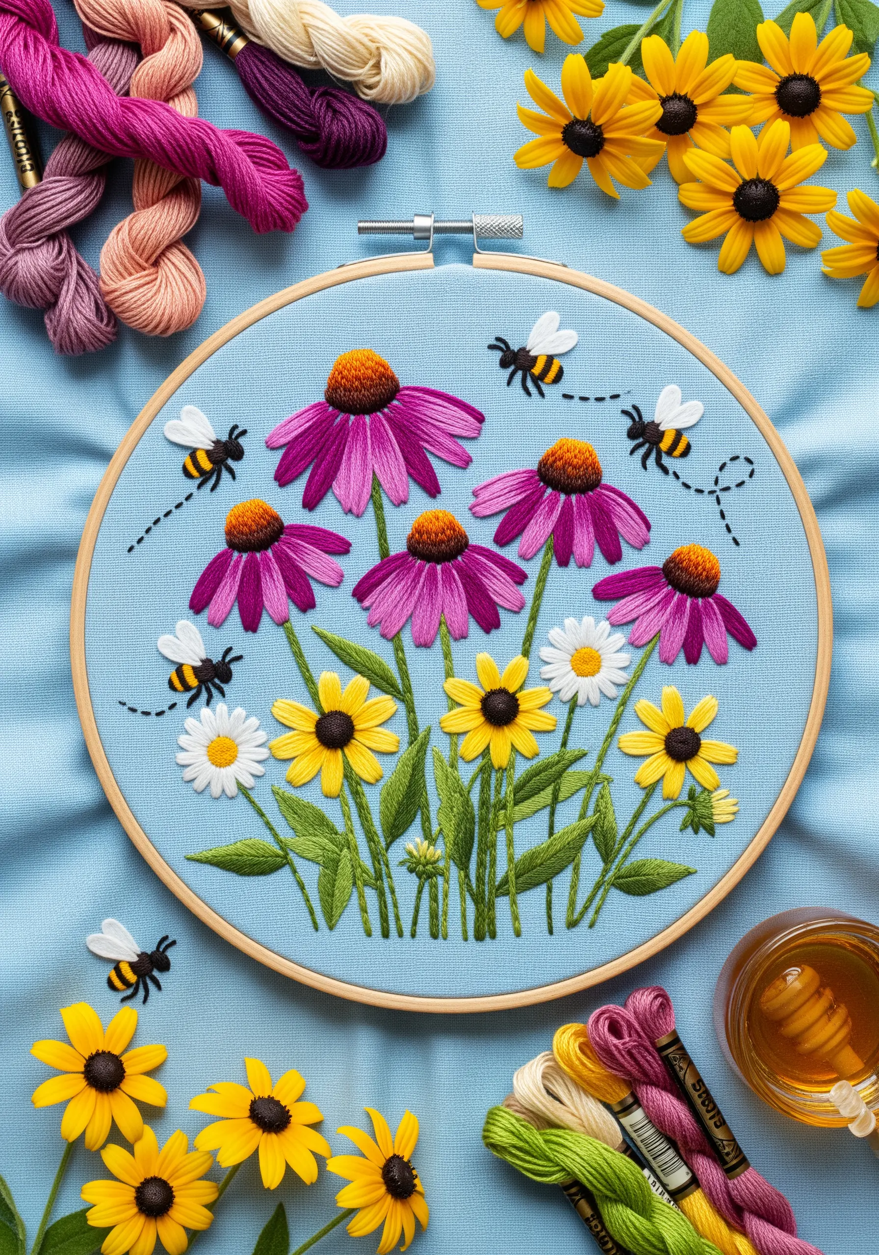 Embroidery of coneflowers and black-eyed susans with tiny bees and stitched flight paths.