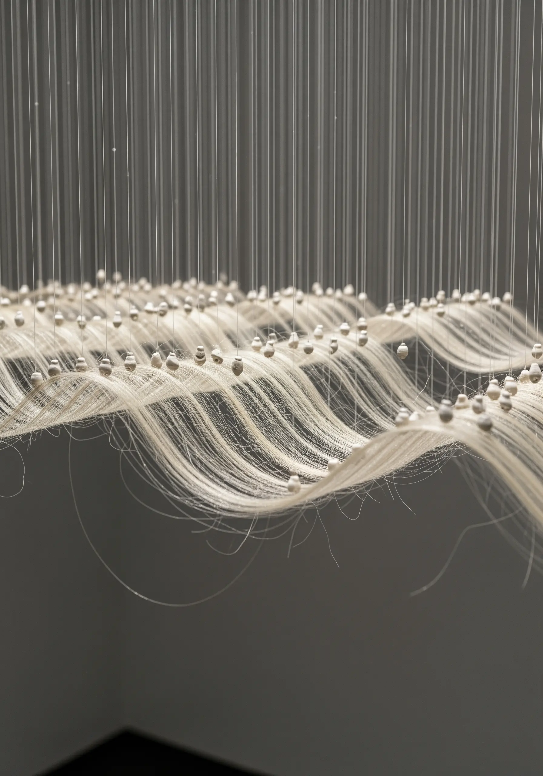 A delicate installation of fine white threads weighted with beads to form waves.