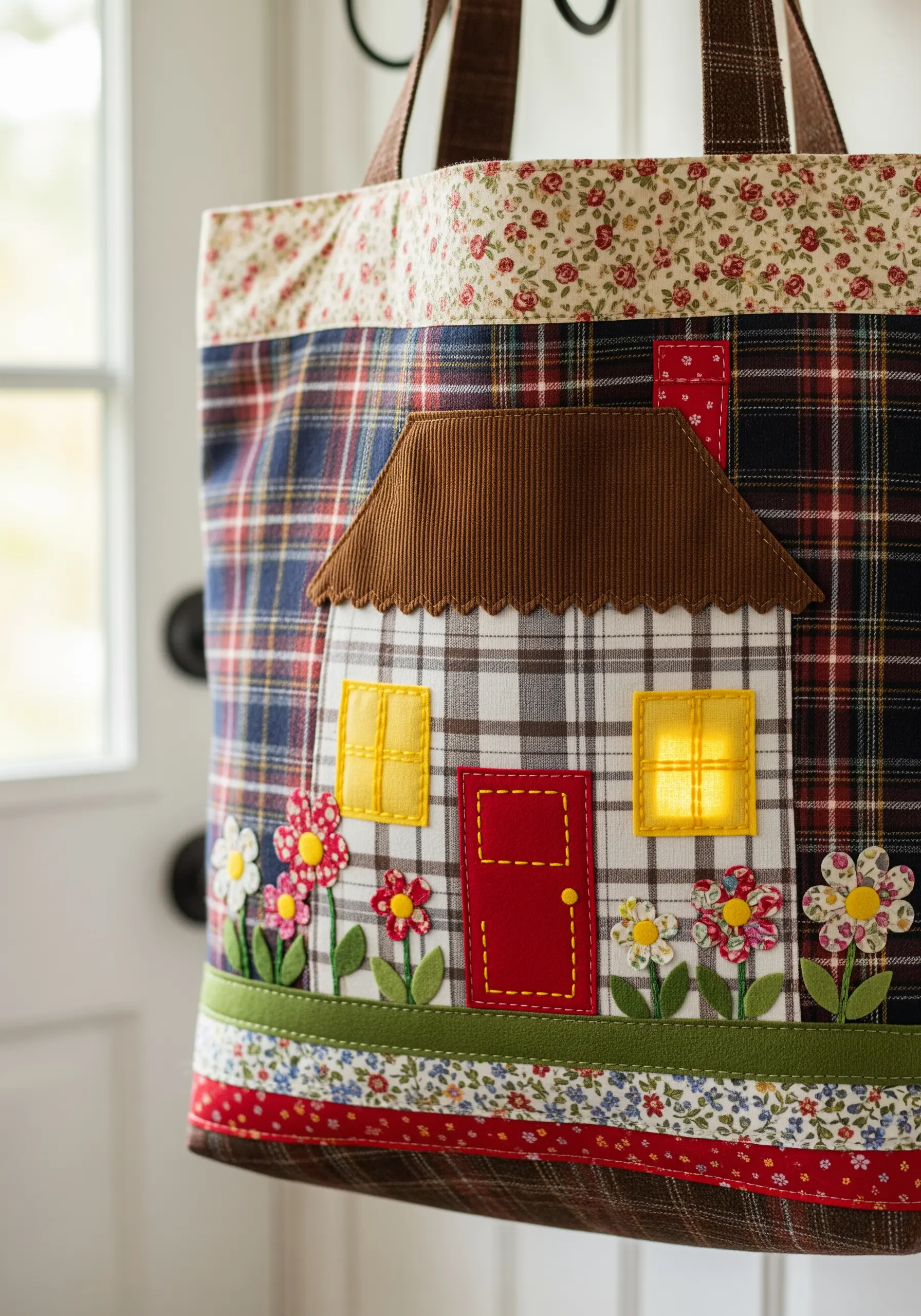 A tote bag with a neatly appliquéd house, flowers, and garden, stitched with contrasting thread.