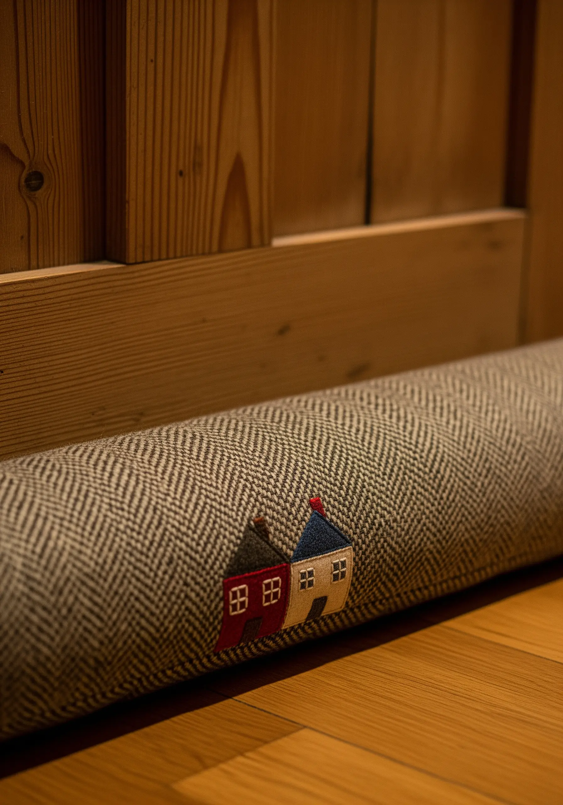 Tiny appliqué houses stitched onto a herringbone tweed draft excluder