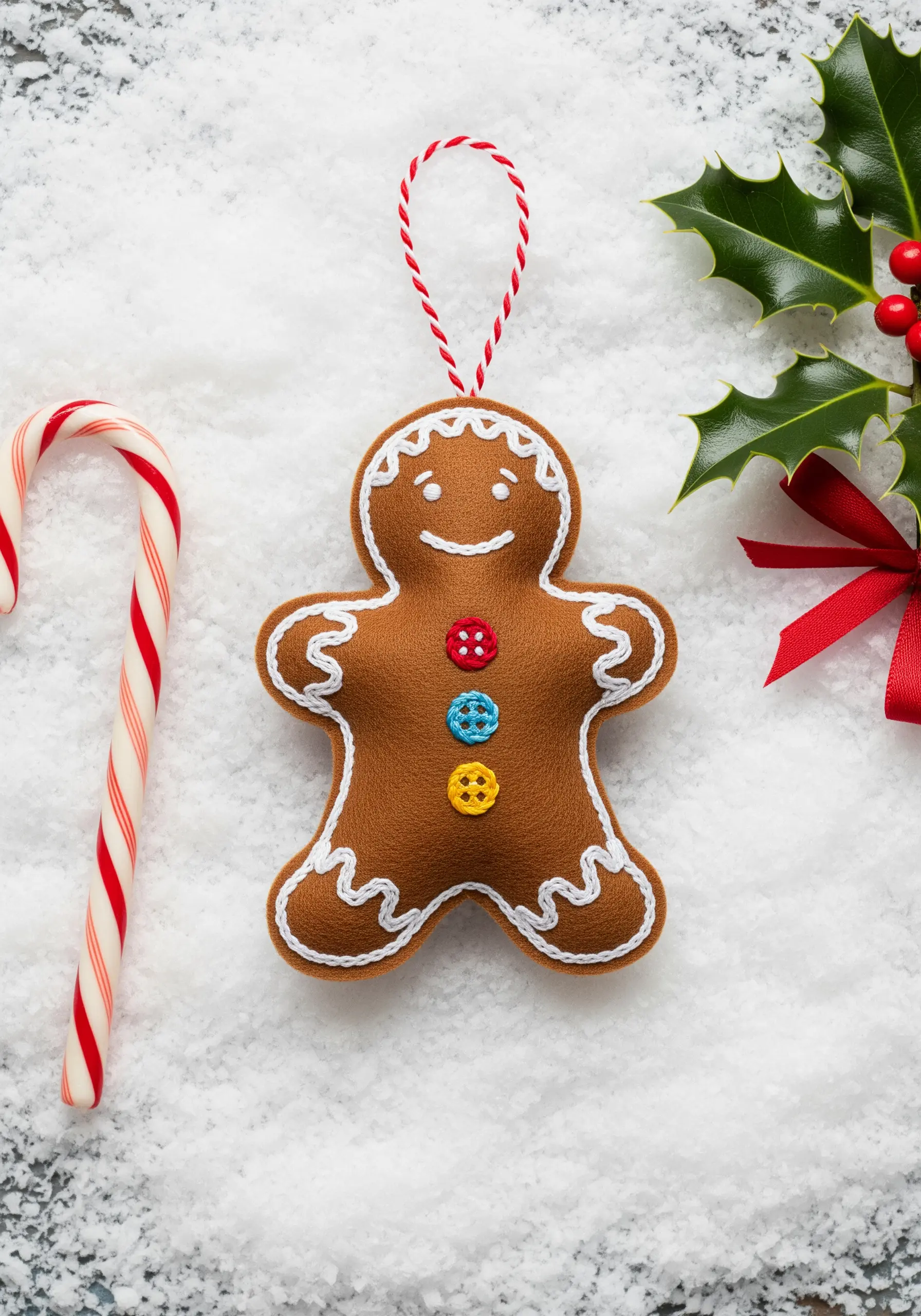 A felt gingerbread man ornament with embroidered details like a chain stitch outline.