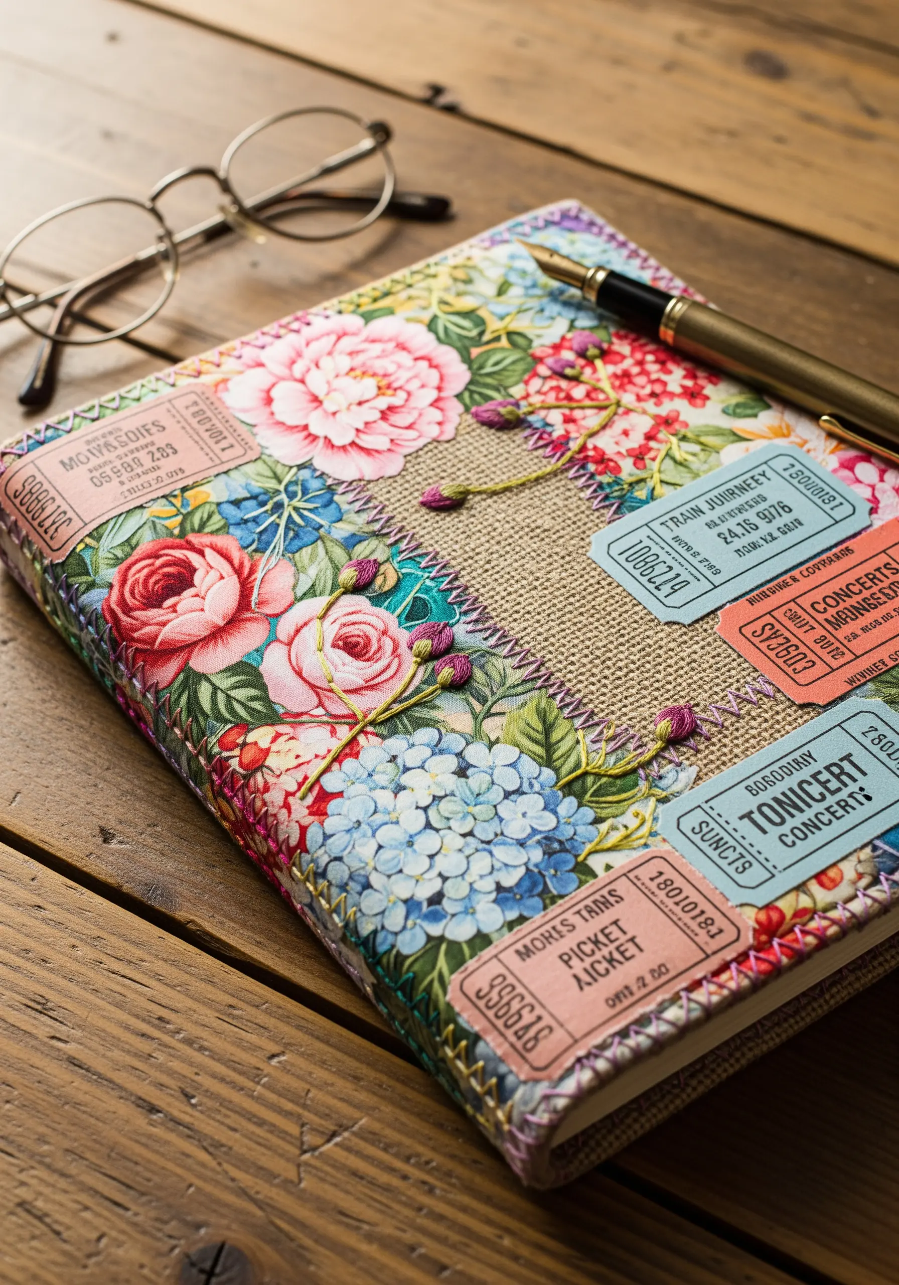 Floral appliqué technique on fabric book covers