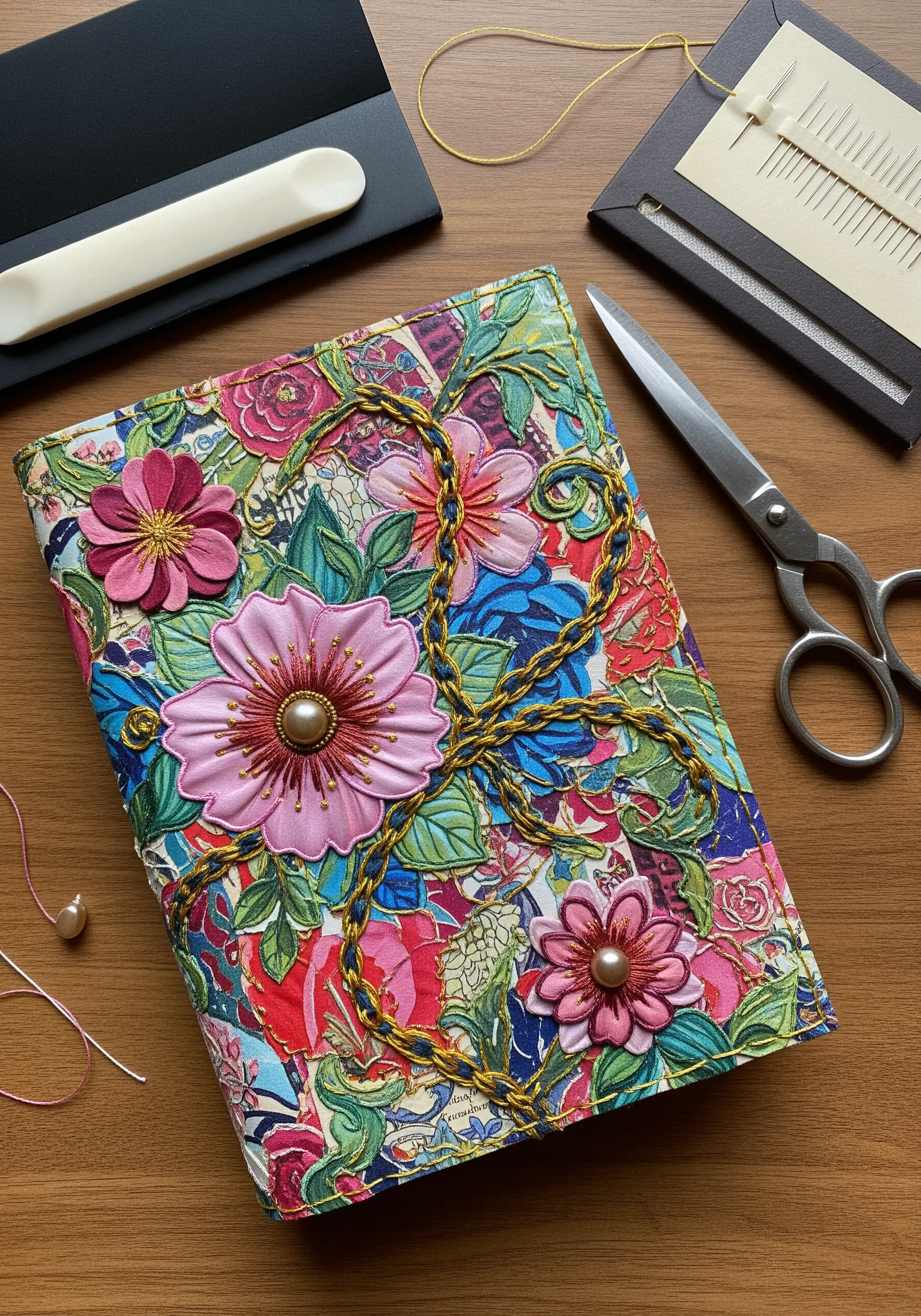 A colorful book cover decorated with 3D fabric flowers, embroidered details, and a pearl center.