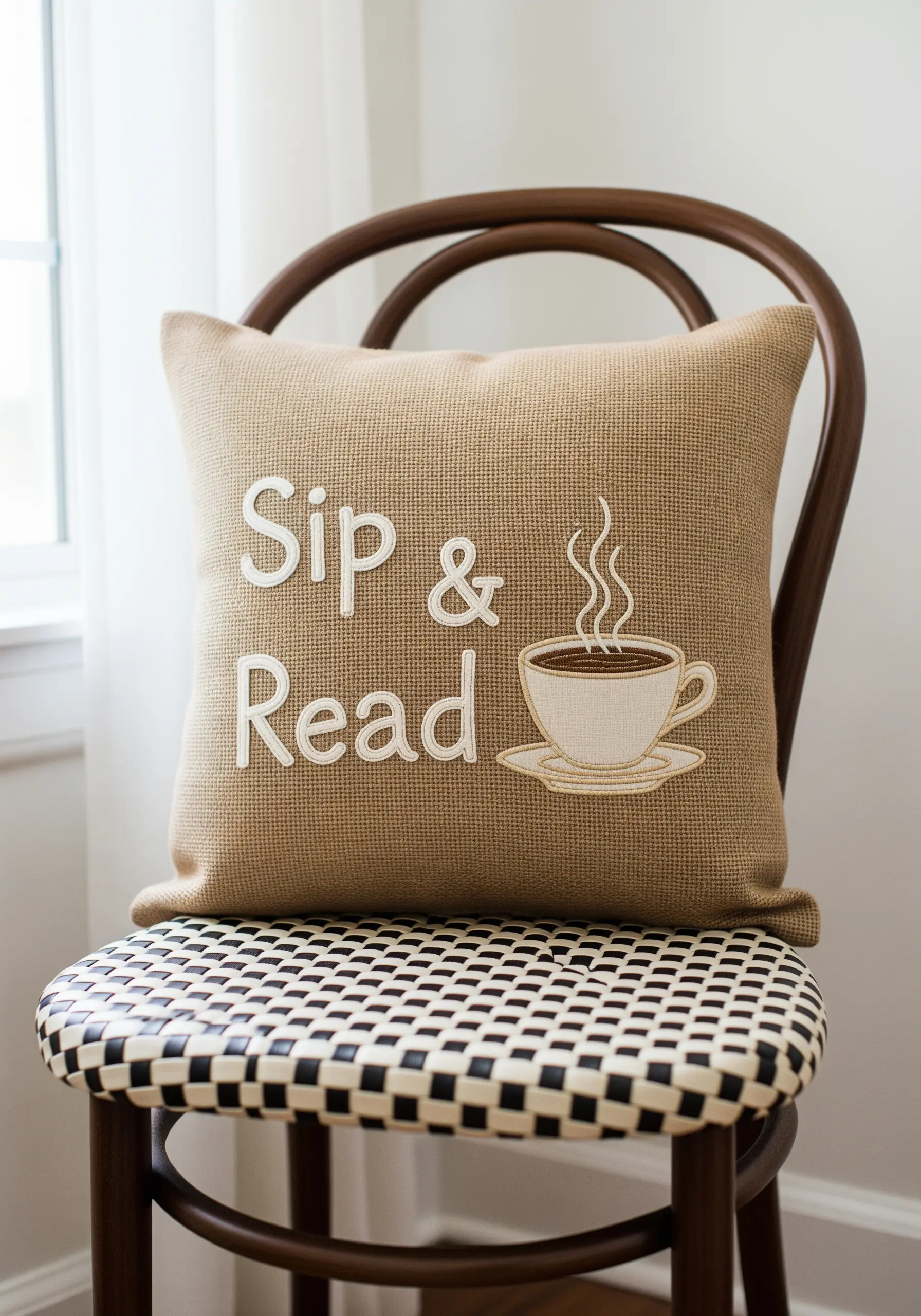 White appliqué letters and a coffee cup motif on a rustic burlap-textured pillow.