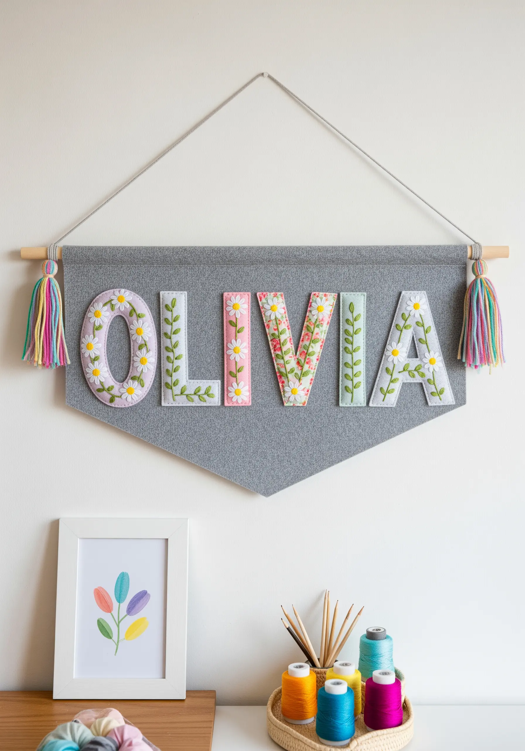 A felt name banner with the name OLIVIA in appliquéd letters decorated with small daisies.