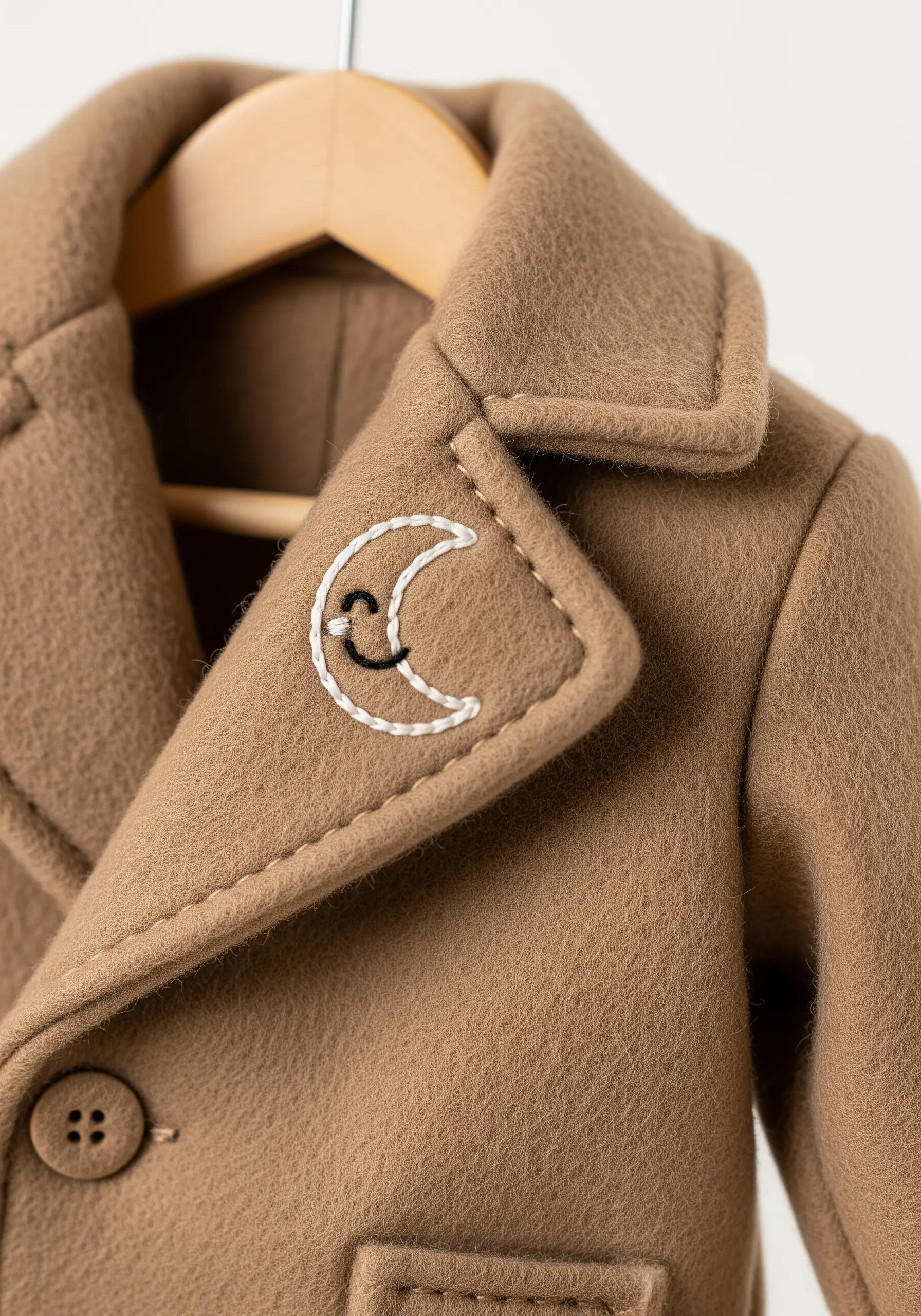 Crescent moon with a smiley face embroidered on the lapel of a tan wool coat.