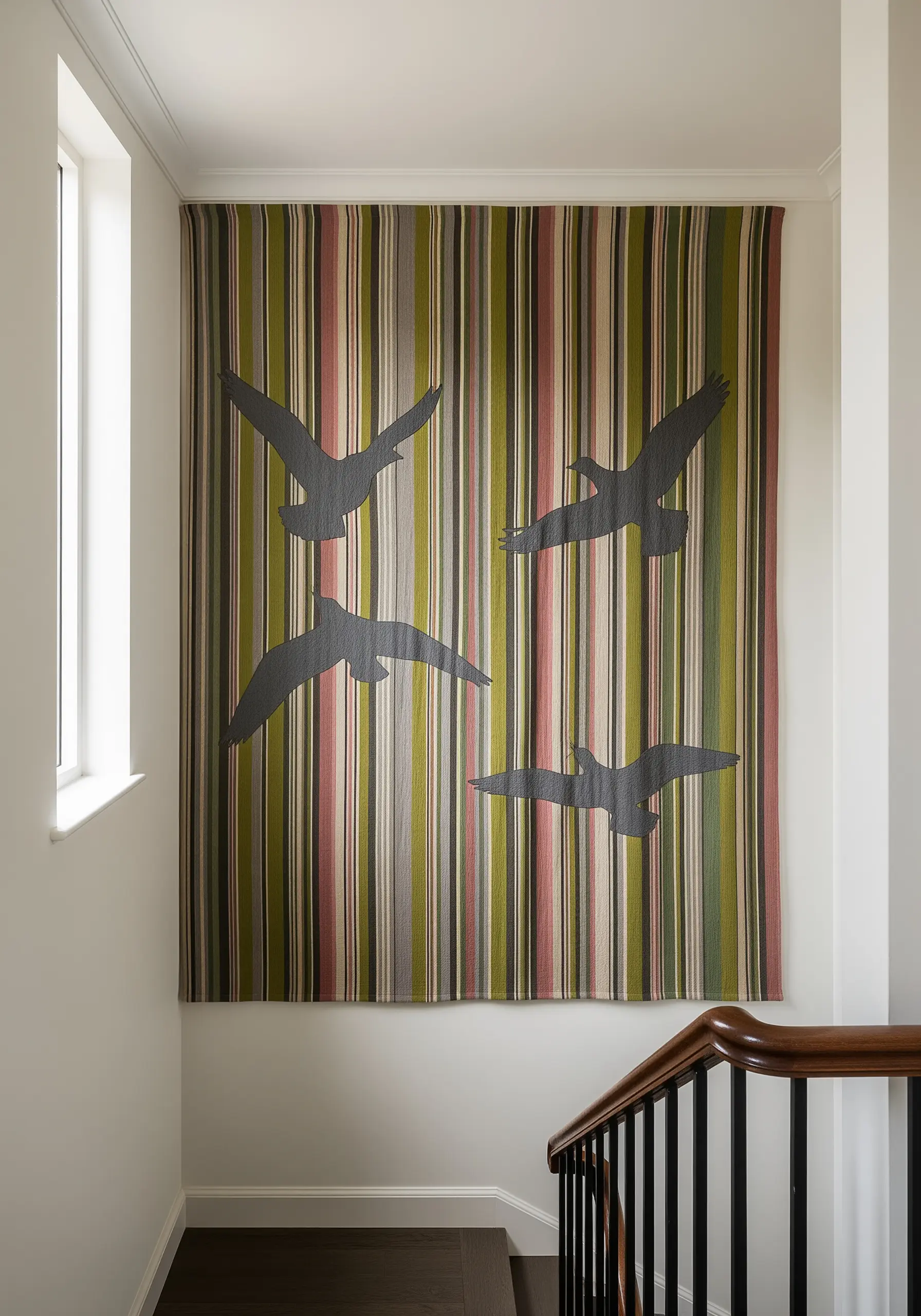 Striped fabric wall hanging with dark appliqué bird silhouettes in flight.