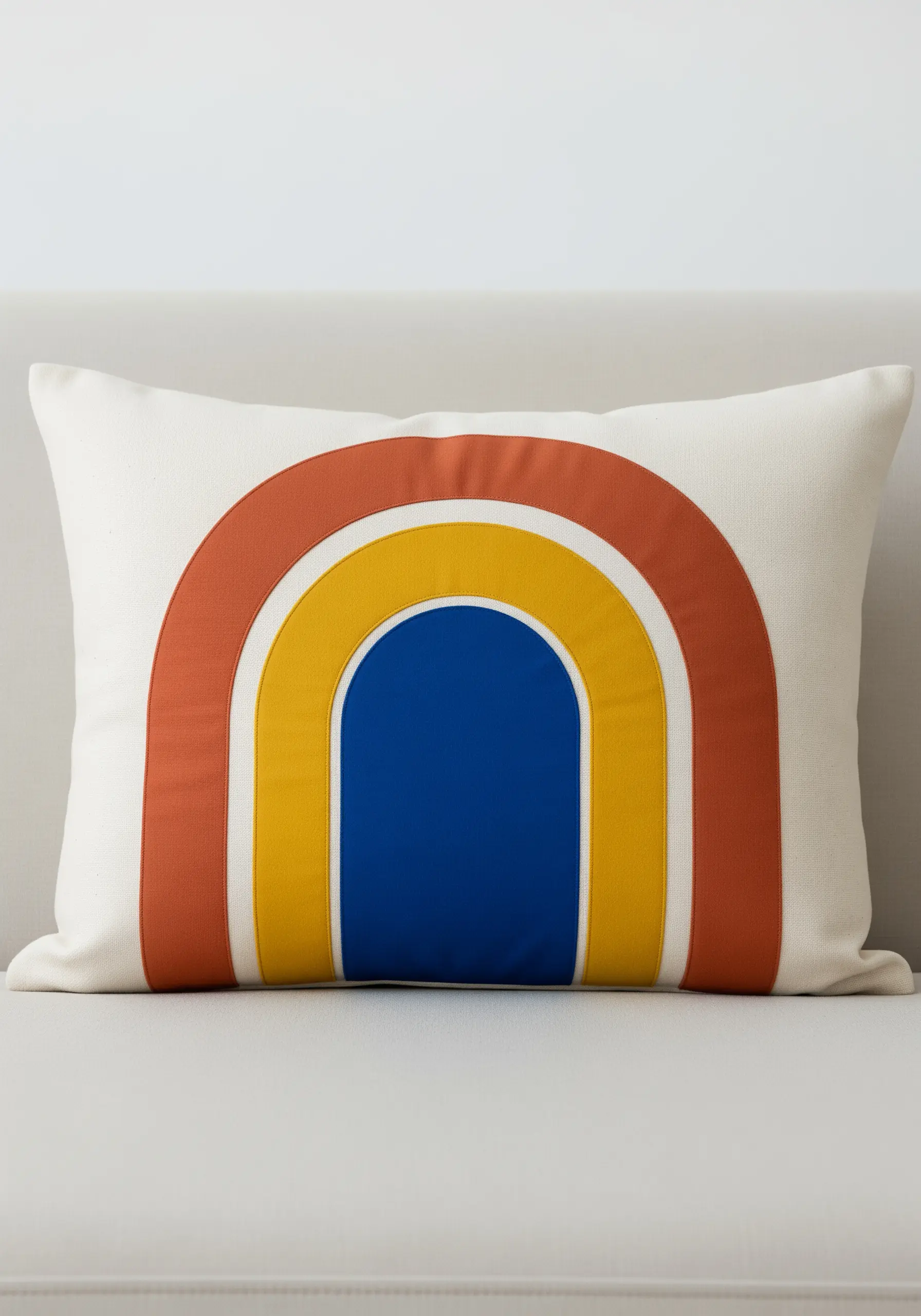 Retro rainbow appliqué design with clean inset stitch lines on a cream pillow.