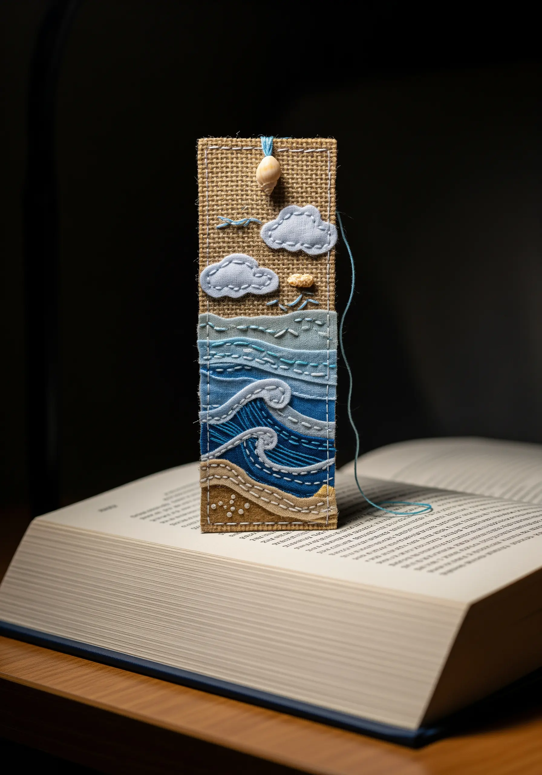 An embroidered bookmark with a seascape design made from layered fabric and stitches.