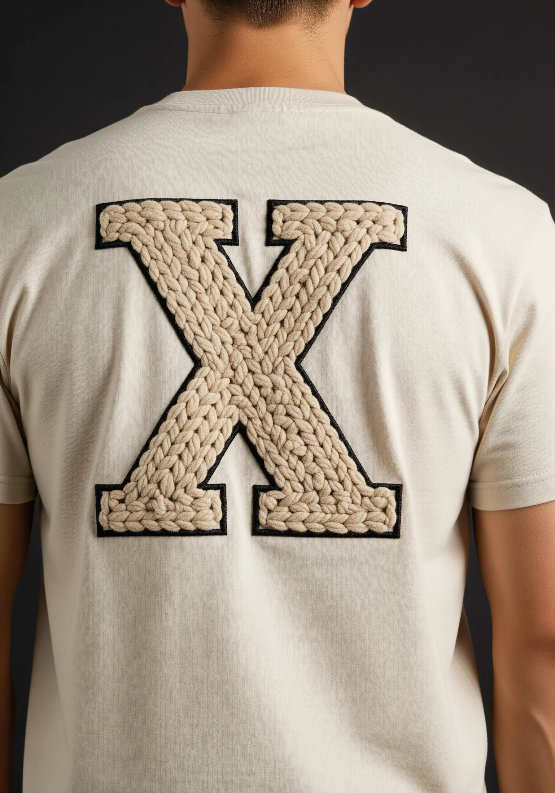 A large letter 'X' on the back of a shirt, filled with a chunky, woven-cord texture.