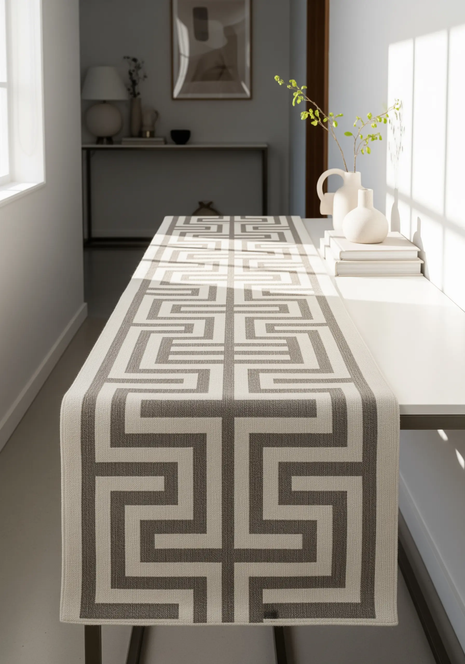 A long table runner with a repeating geometric maze-like pattern in grey and off-white.