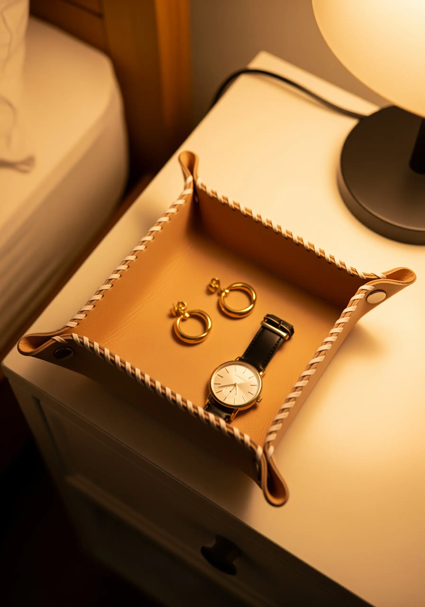 A tan leather valet tray with its corners held together by a decorative white cross-stitch.