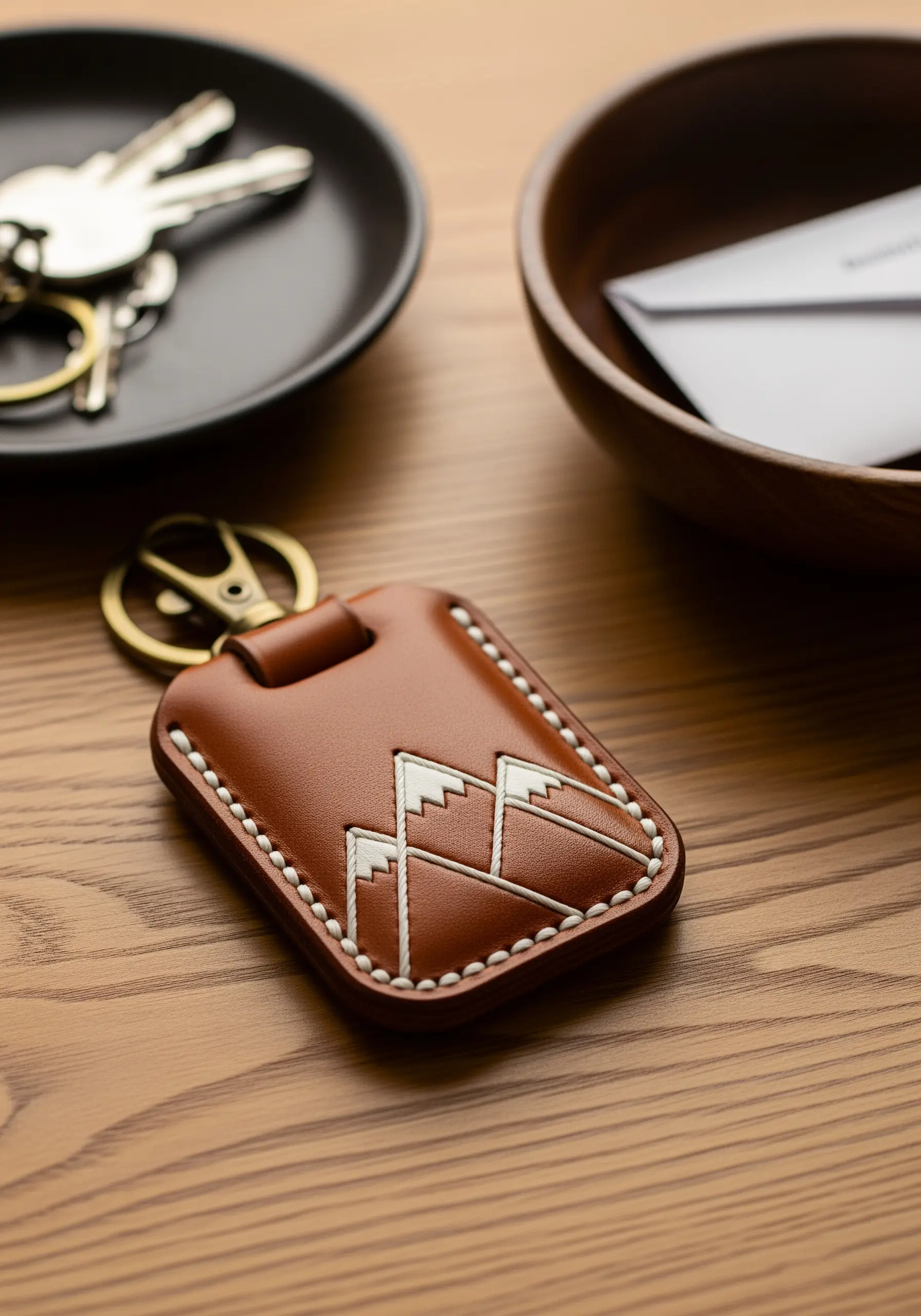 A brown leather keychain with a mountain range stitched in white thread.