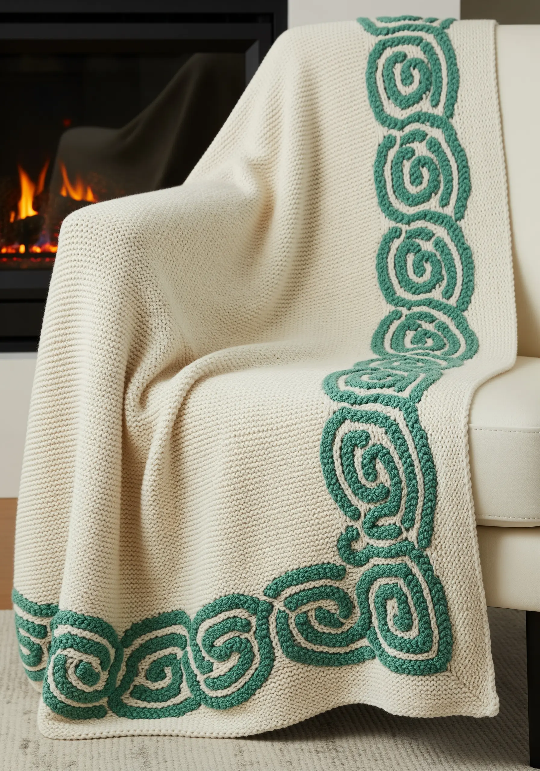 A cream-colored knit blanket with a bold, green spiral pattern couched along the border.