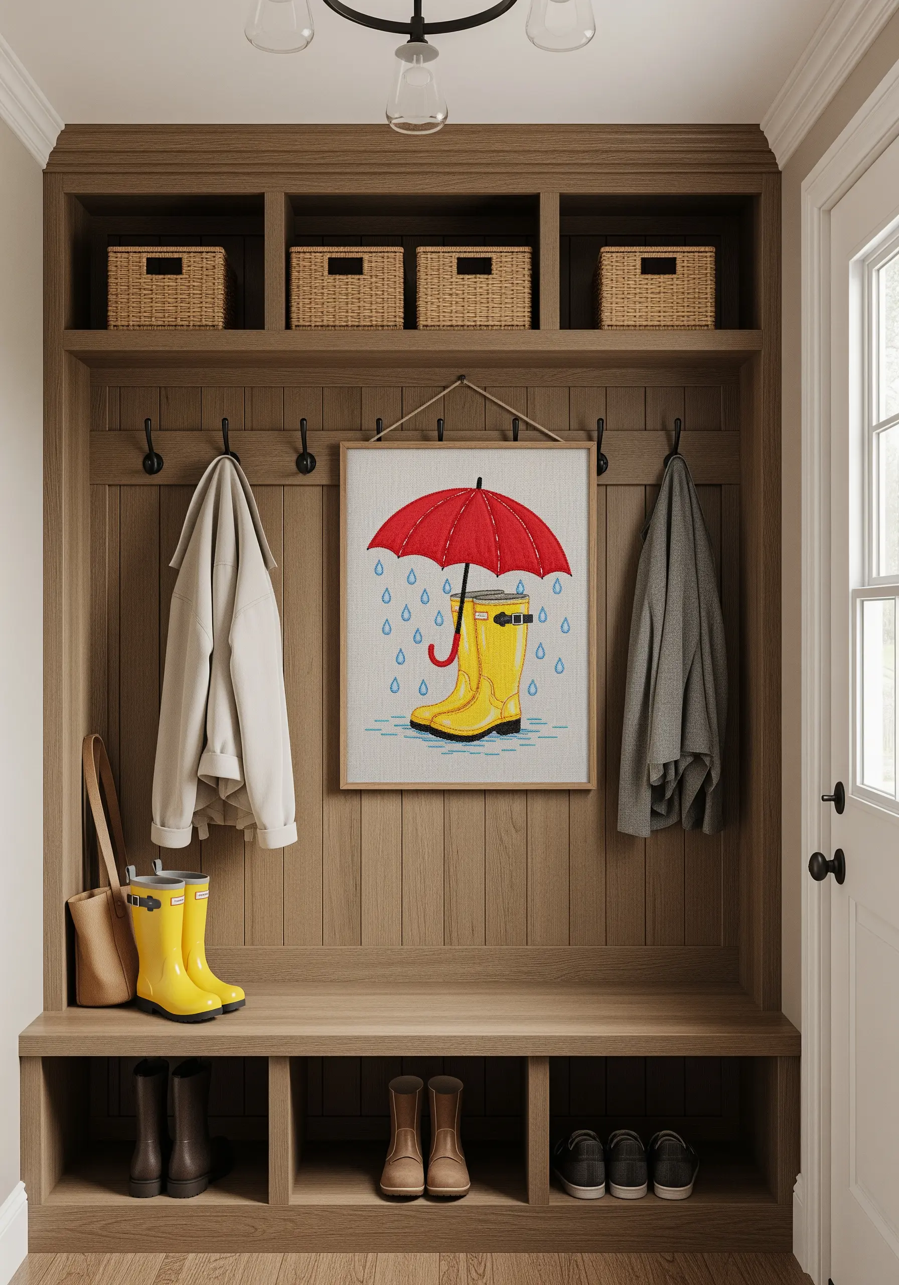 A framed embroidery piece showing yellow rain boots and a red umbrella in the rain.