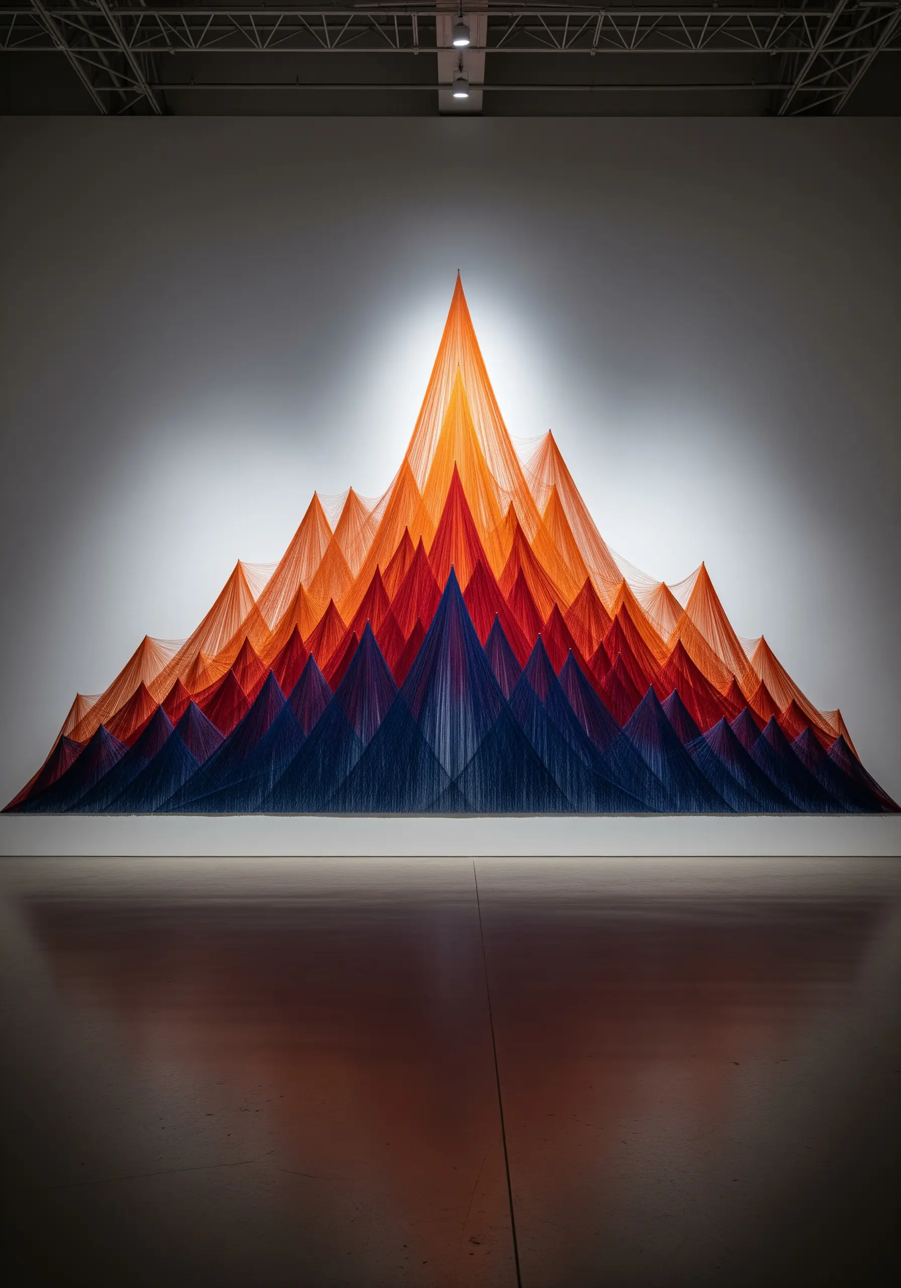 Large-scale thread art installation of a mountain range illuminated by a spotlight.