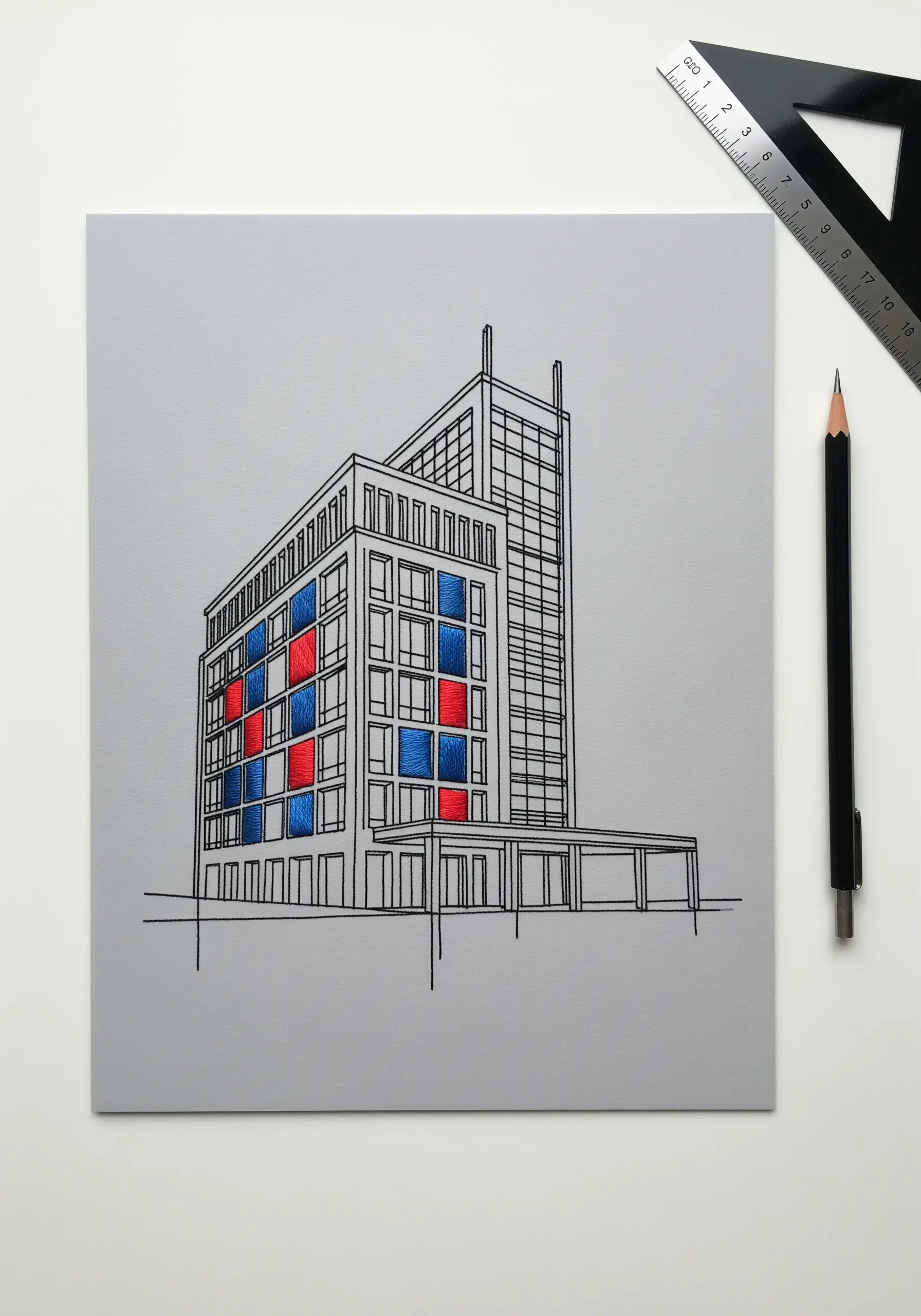 A line drawing of a modern building with selected windows filled with red and blue embroidery.