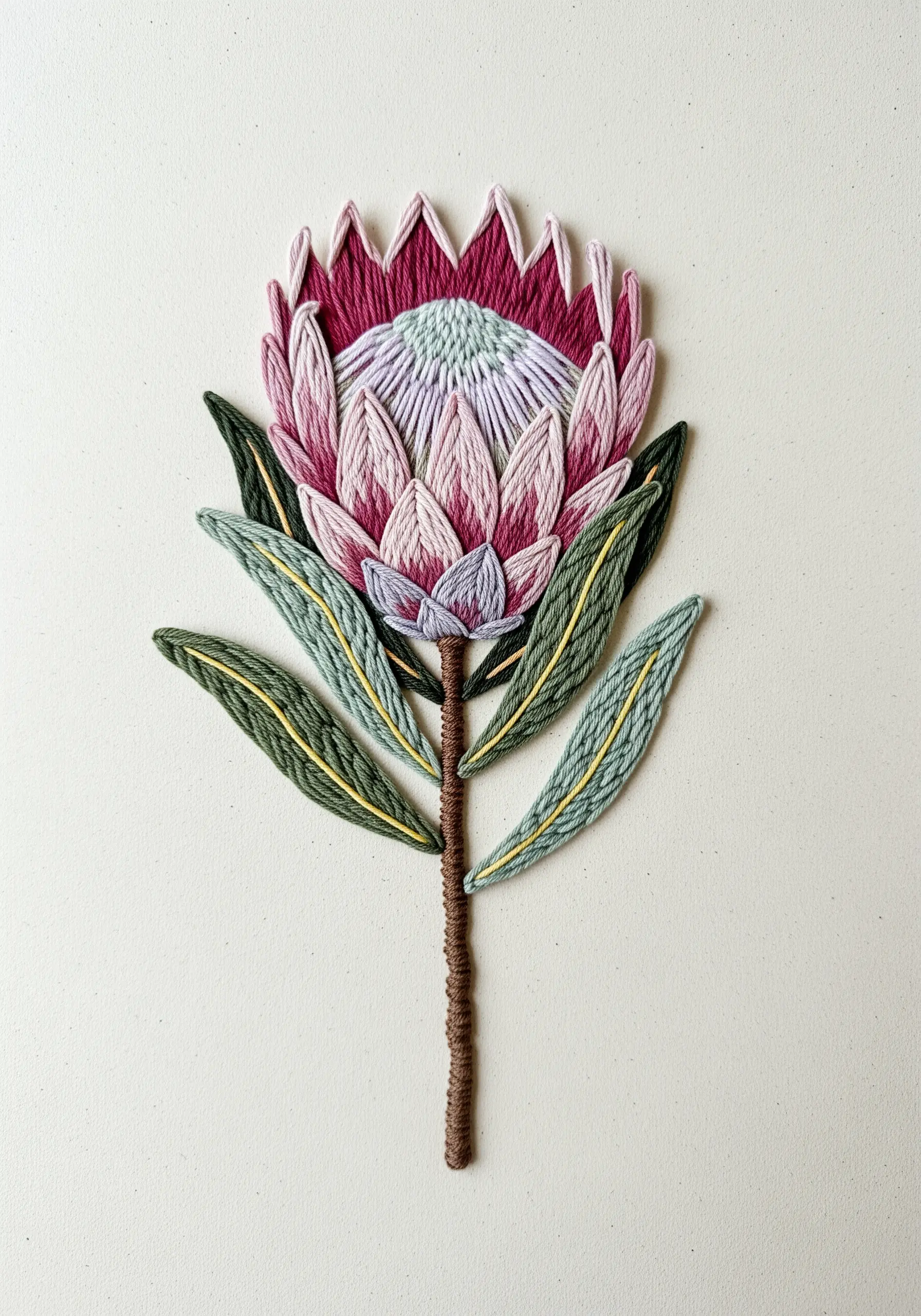 King Protea embroidery with defined pink petals and green leaves