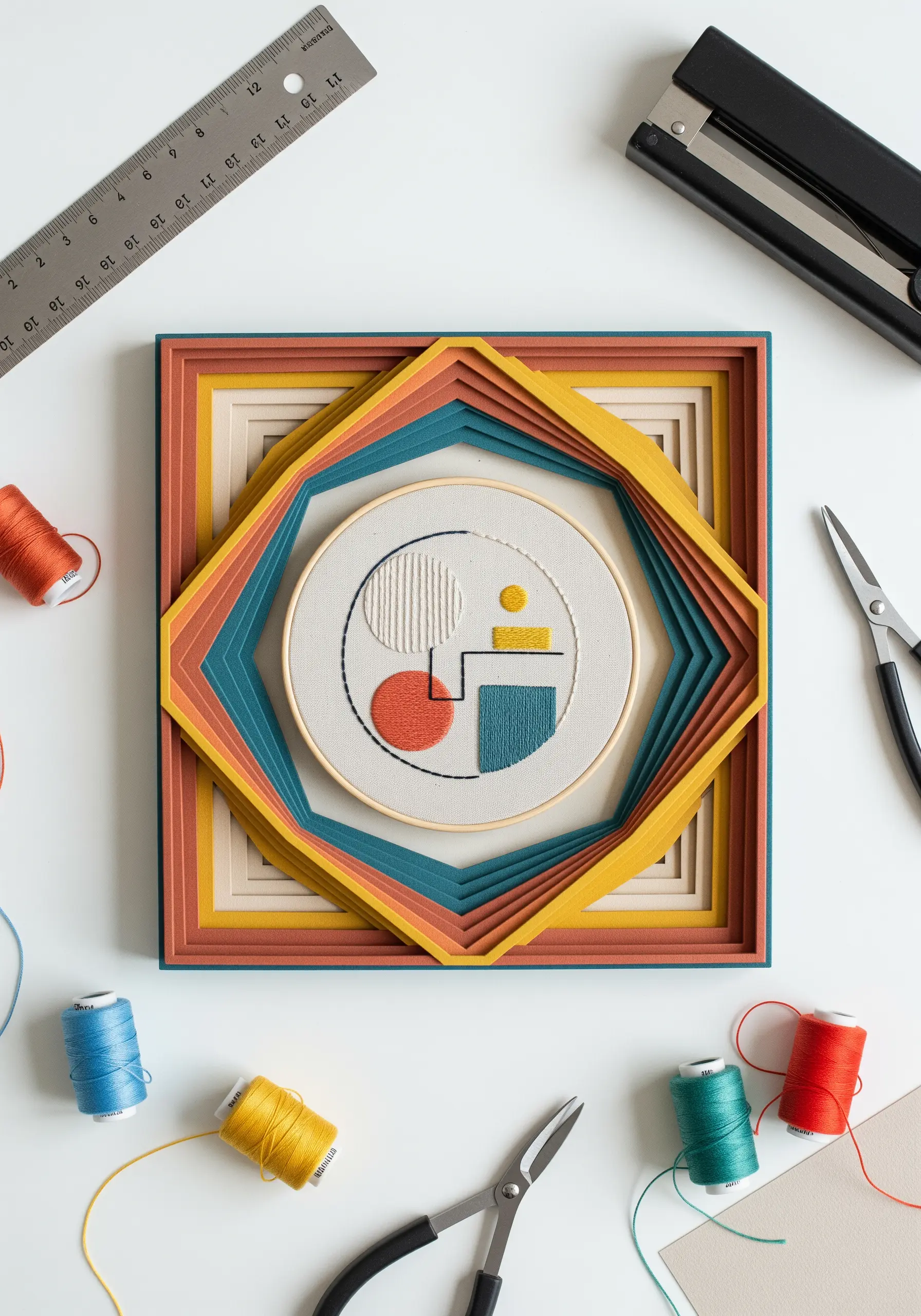 Embroidery hoop with abstract shapes inside a multi-colored layered paper frame.