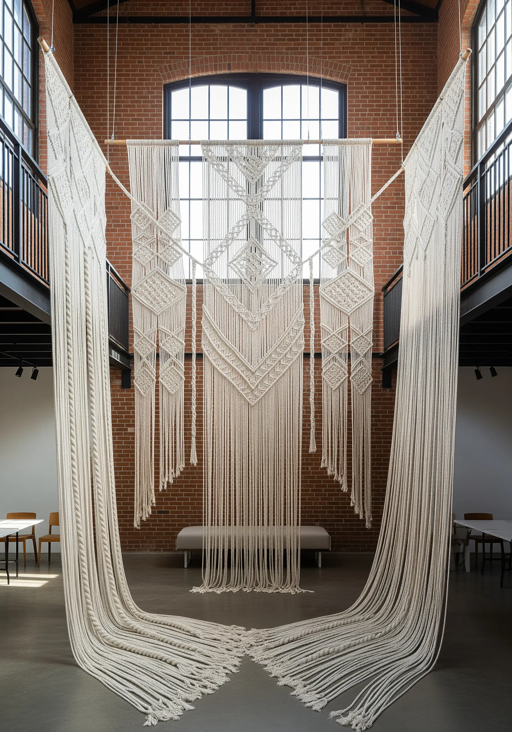 Macrame rope installation with symmetrical draping and geometric knots