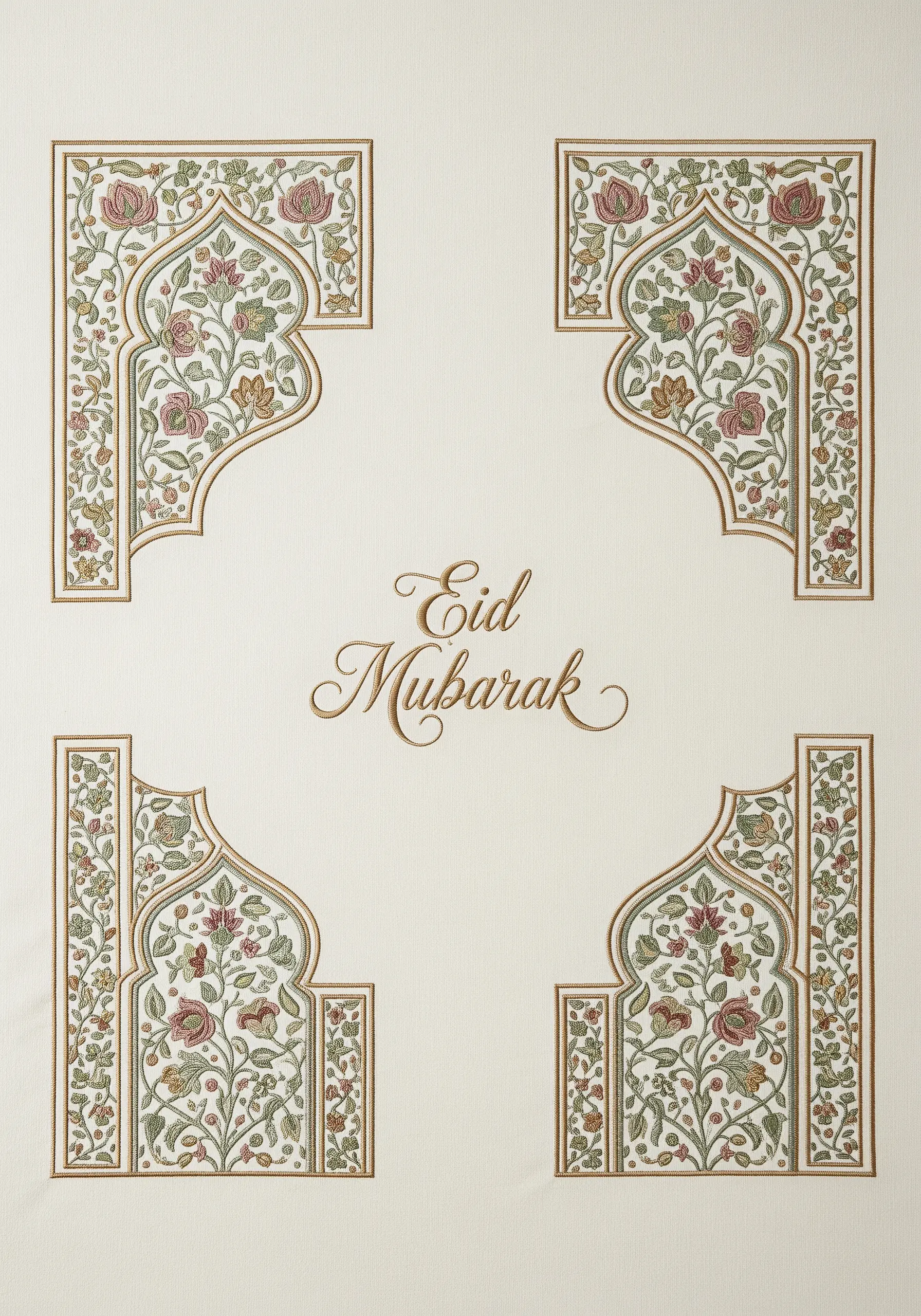 Elegant floral arches with 'Eid Mubarak' script embroidered on a cream placemat.