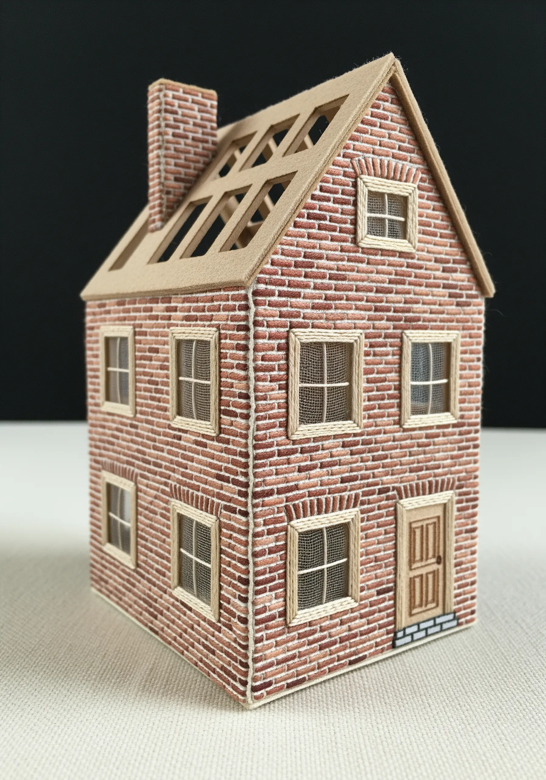 A freestanding 3D house made from stitched and constructed fabric panels.