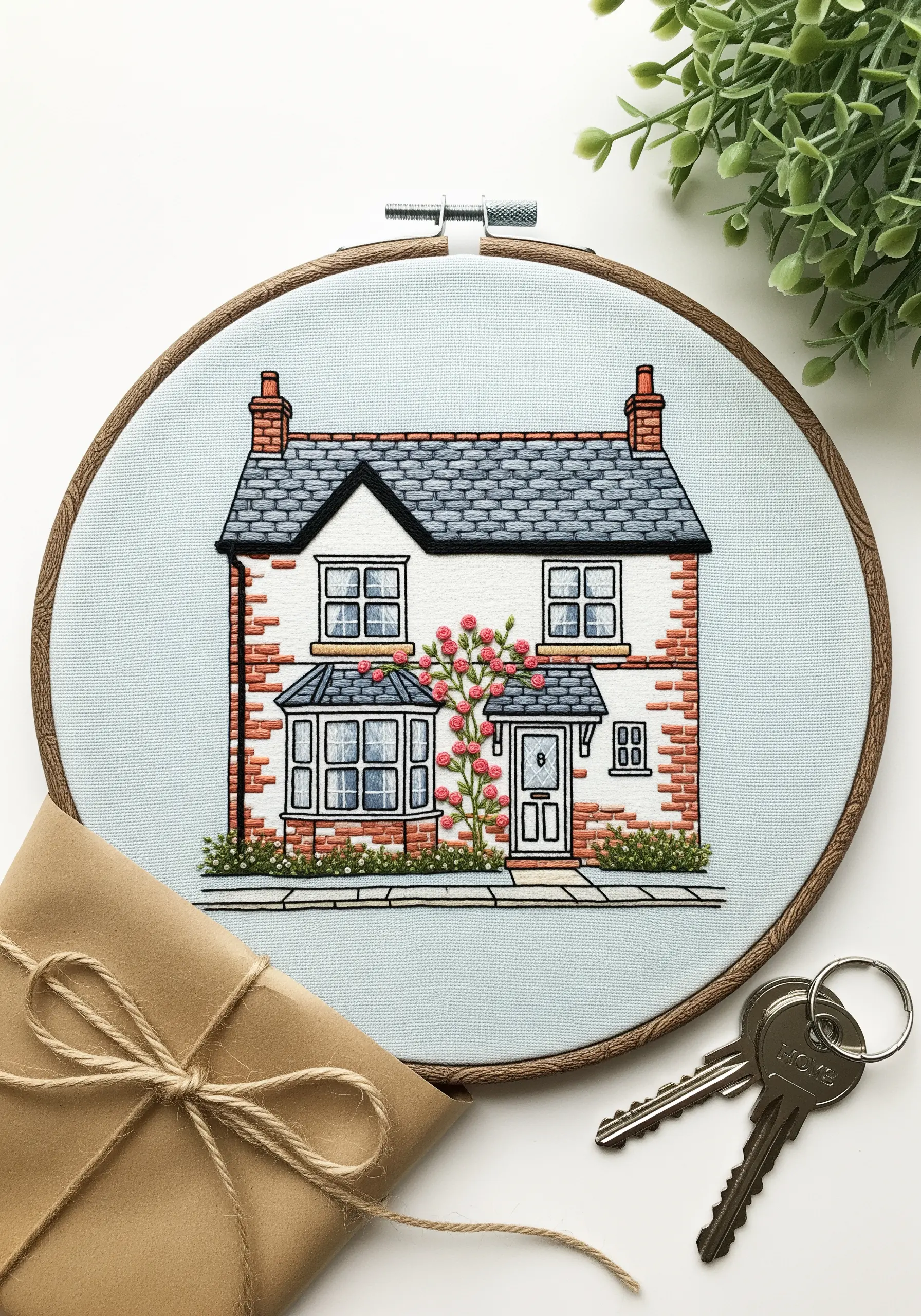 An embroidered portrait of a brick house with a climbing rose bush, presented in a hoop.