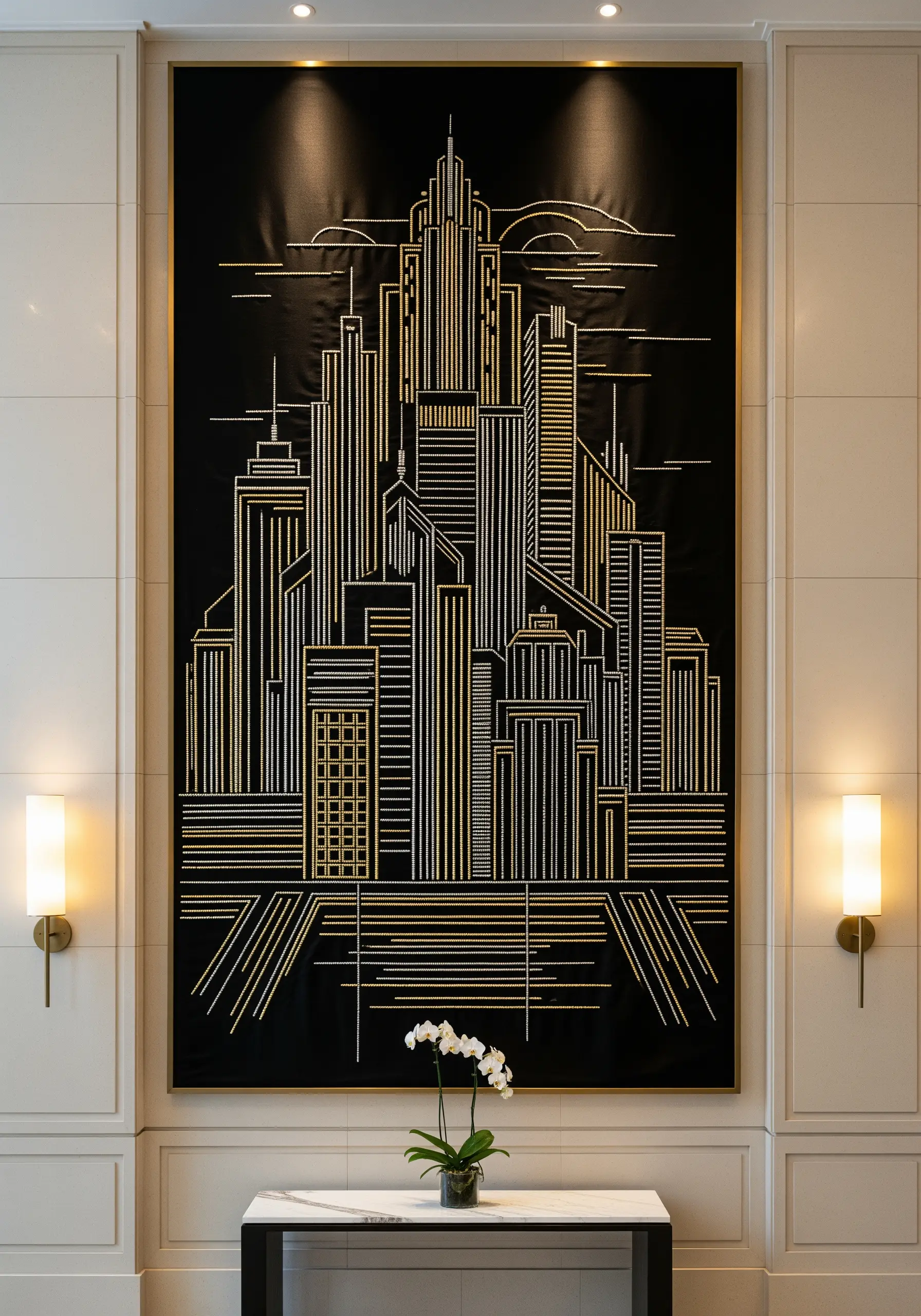 Large-scale metallic thread embroidery of a city skyline on black fabric.