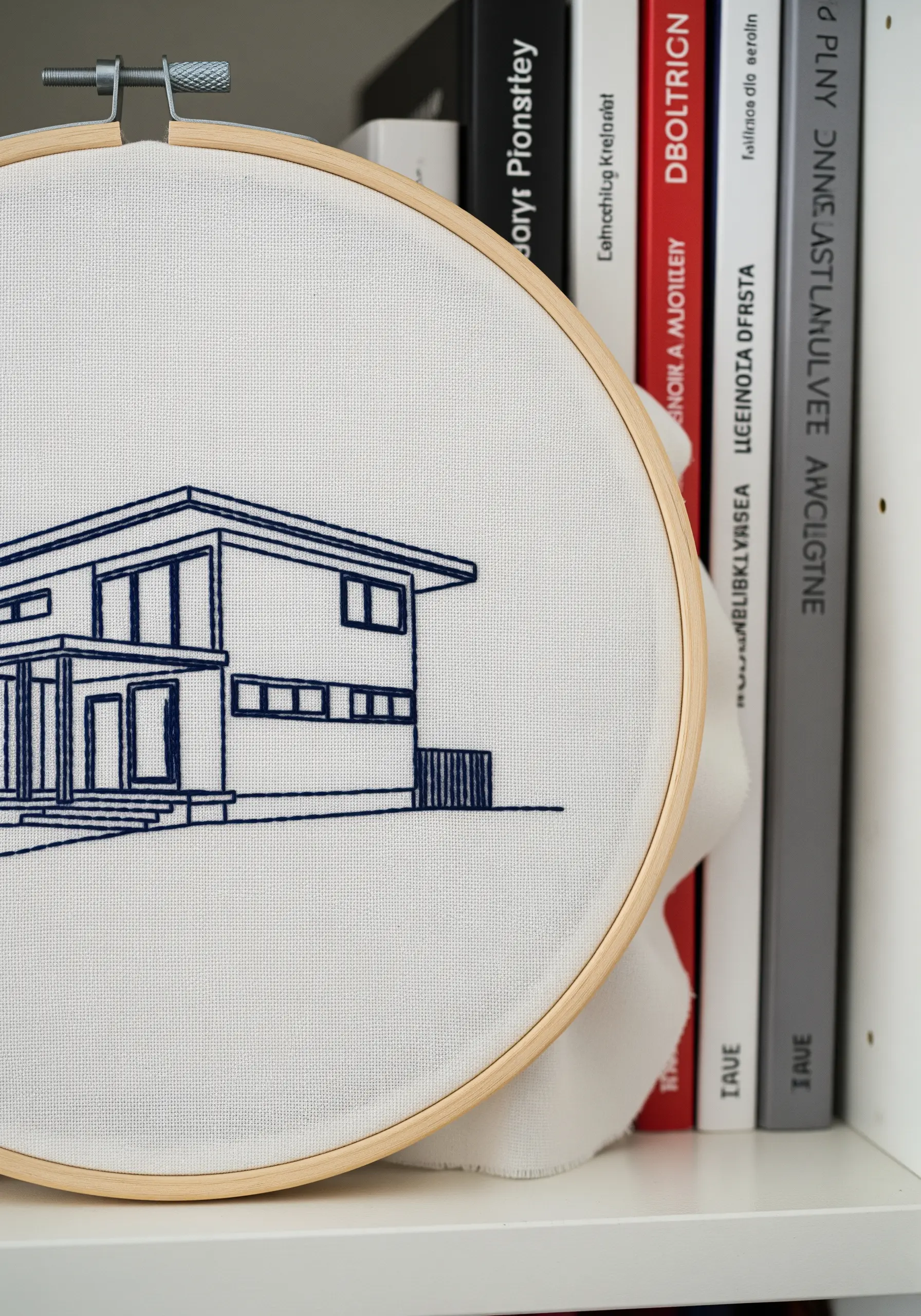 Architectural line art embroidery of a modern house