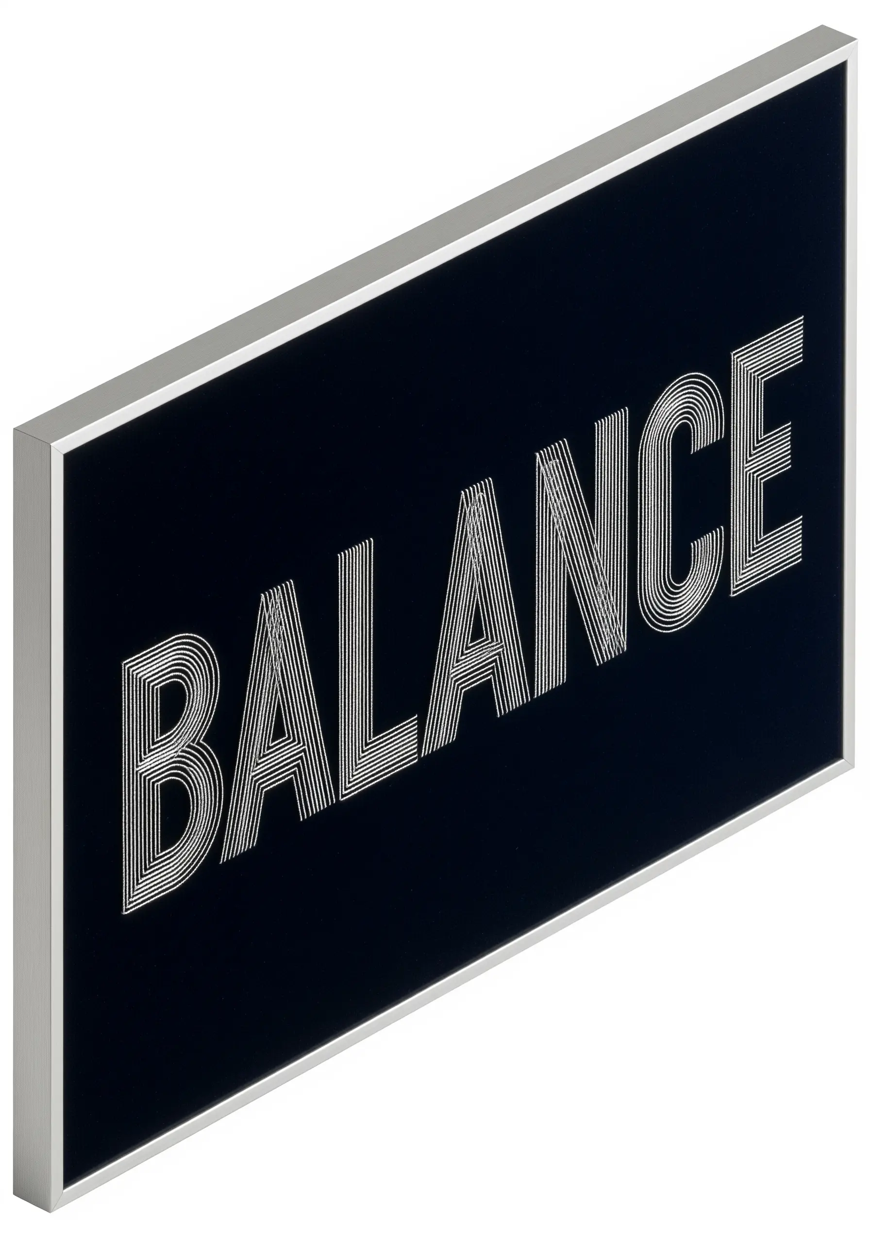 Minimalist string art with parallel white lines spelling BALANCE on black
