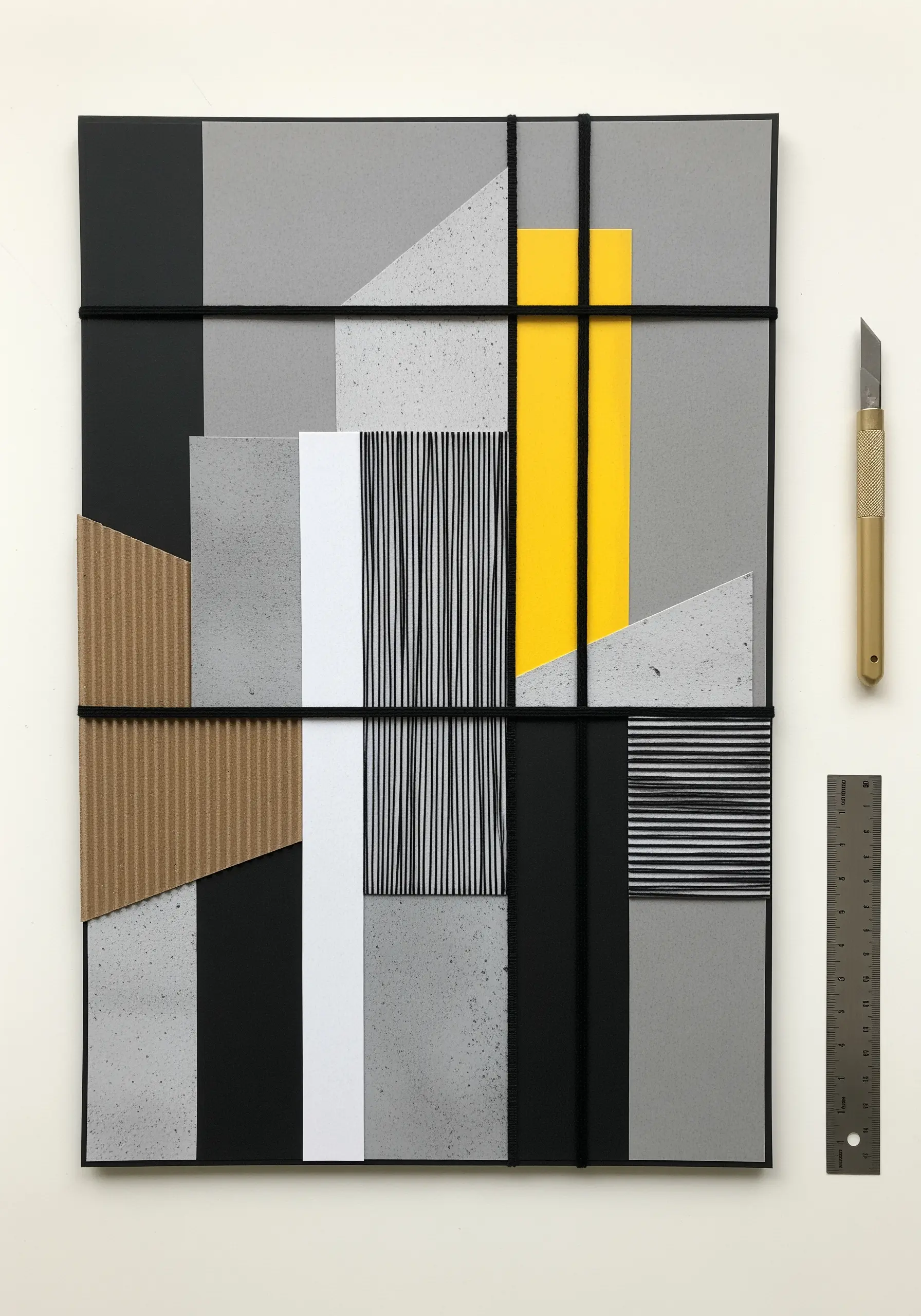 Abstract geometric collage in grey, black, and yellow, overlaid with black cord.
