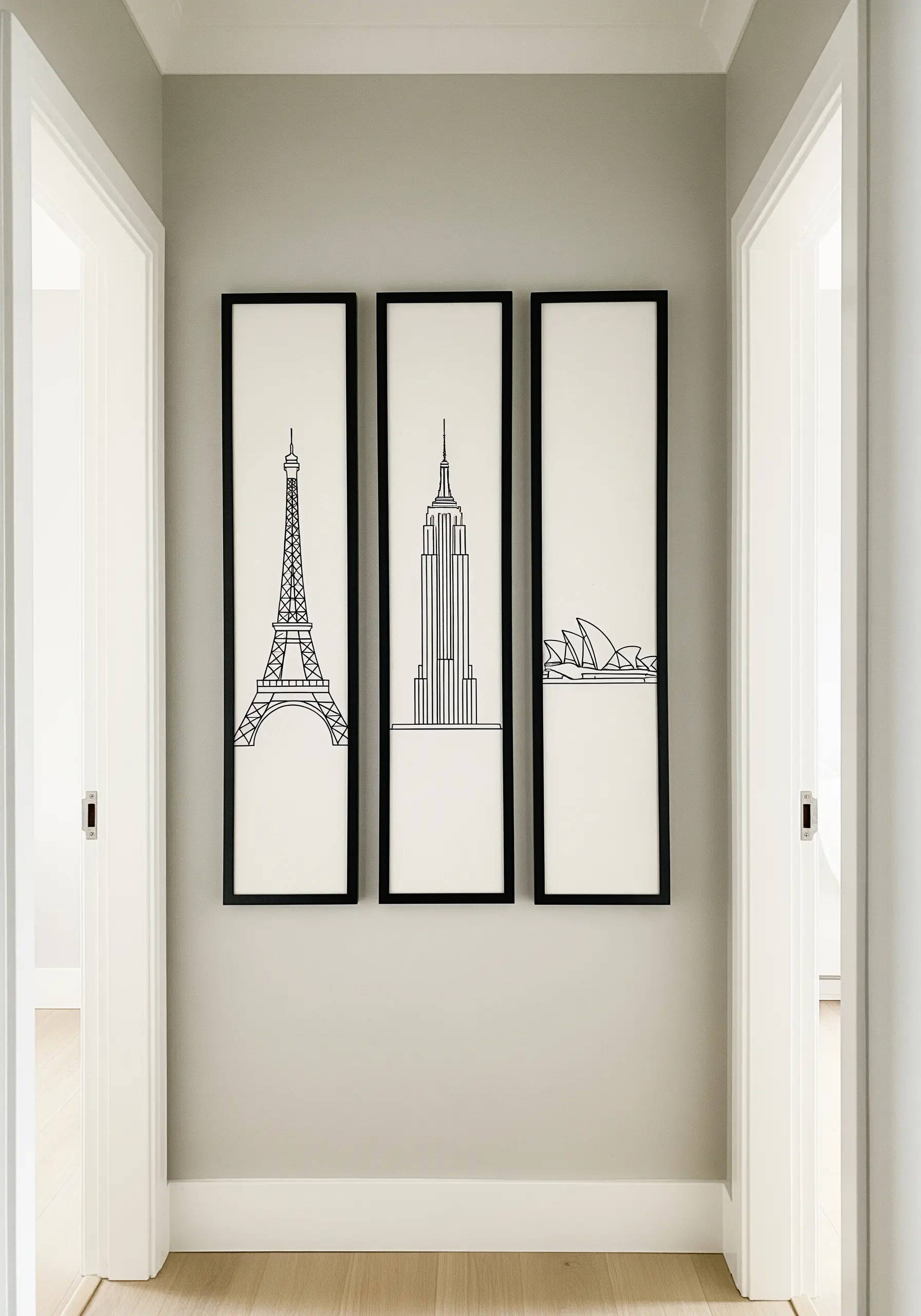 Three minimalist outlines of the Eiffel Tower, Empire State, and Sydney Opera House.