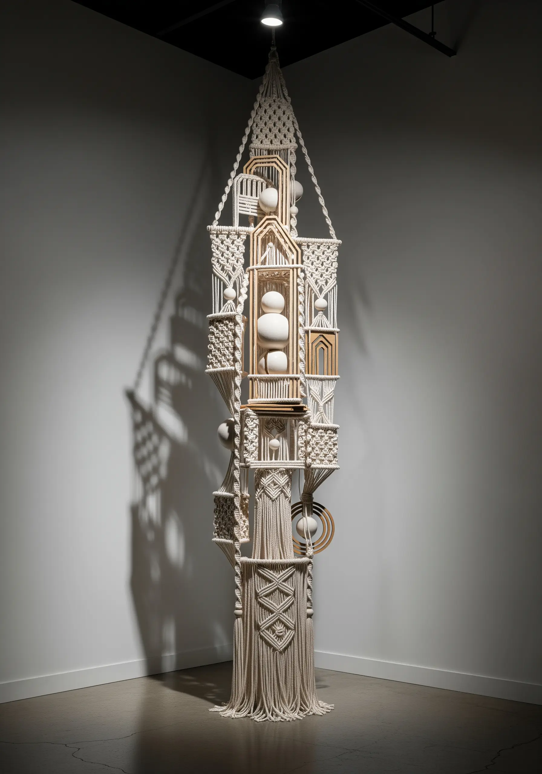 An intricate, tall macrame sculpture with built-in wooden arches and white spheres, displayed in a corner.