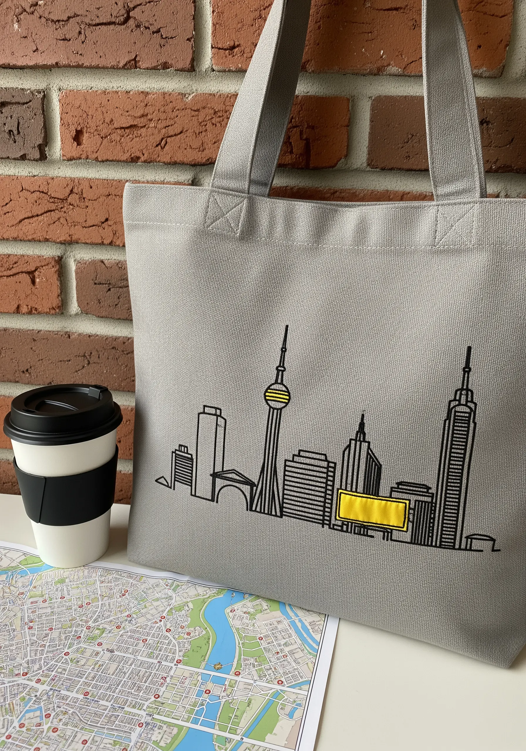 A minimalist black-outline embroidery of a city skyline with a single yellow accent.