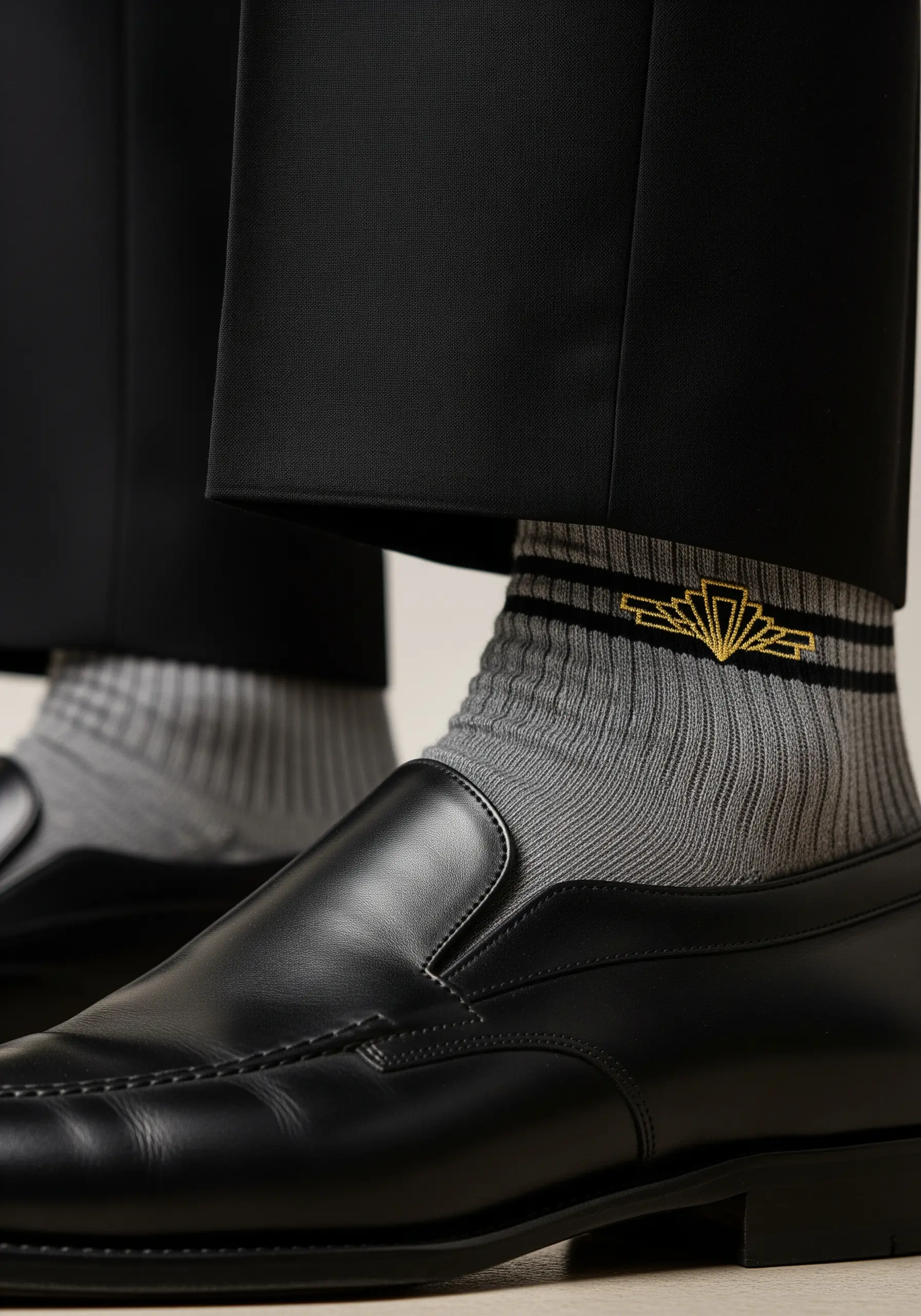 Gold Art Deco-inspired geometric design embroidered on grey ribbed socks.