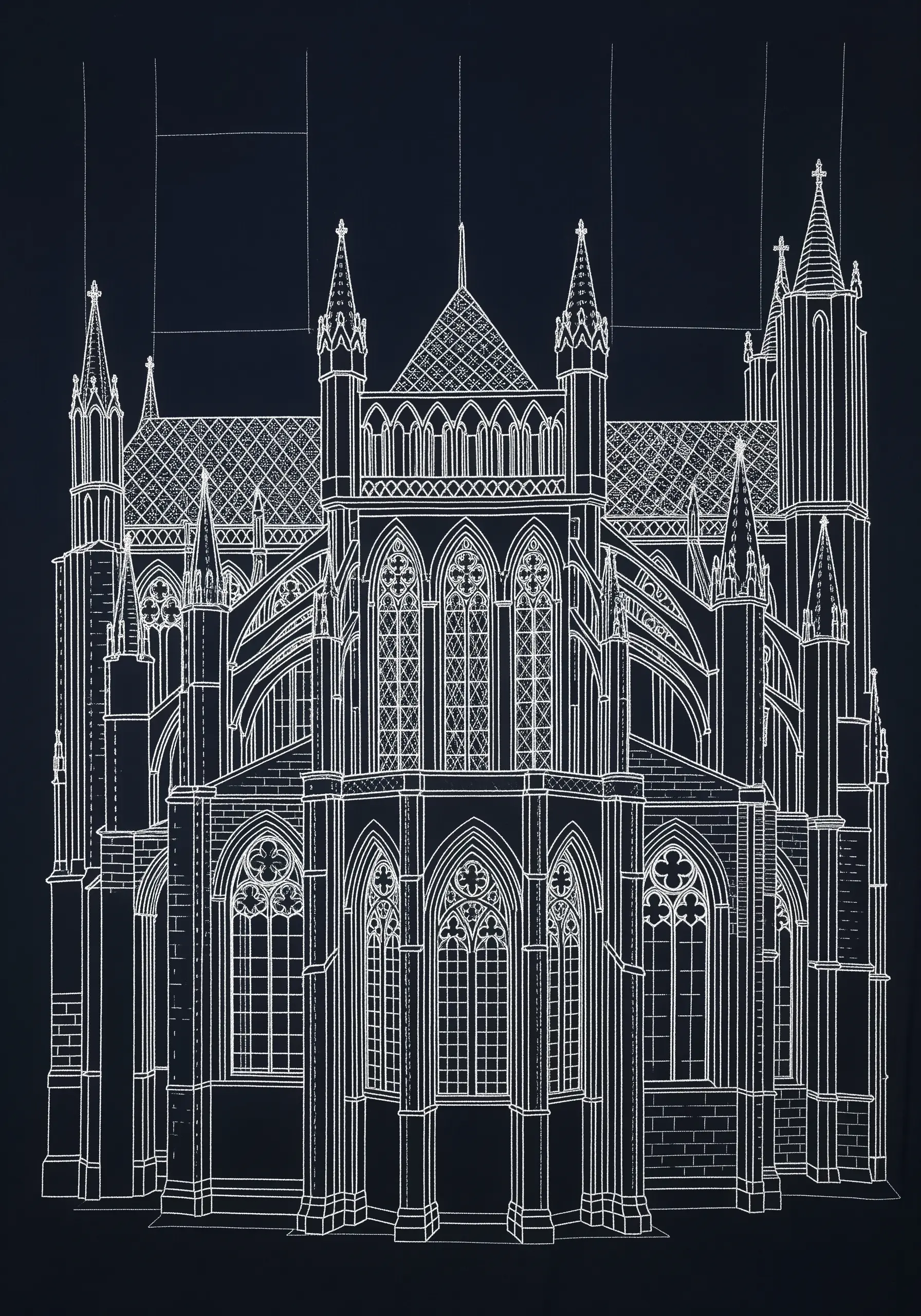 A white-on-black architectural embroidery of a cathedral, resembling a blueprint.