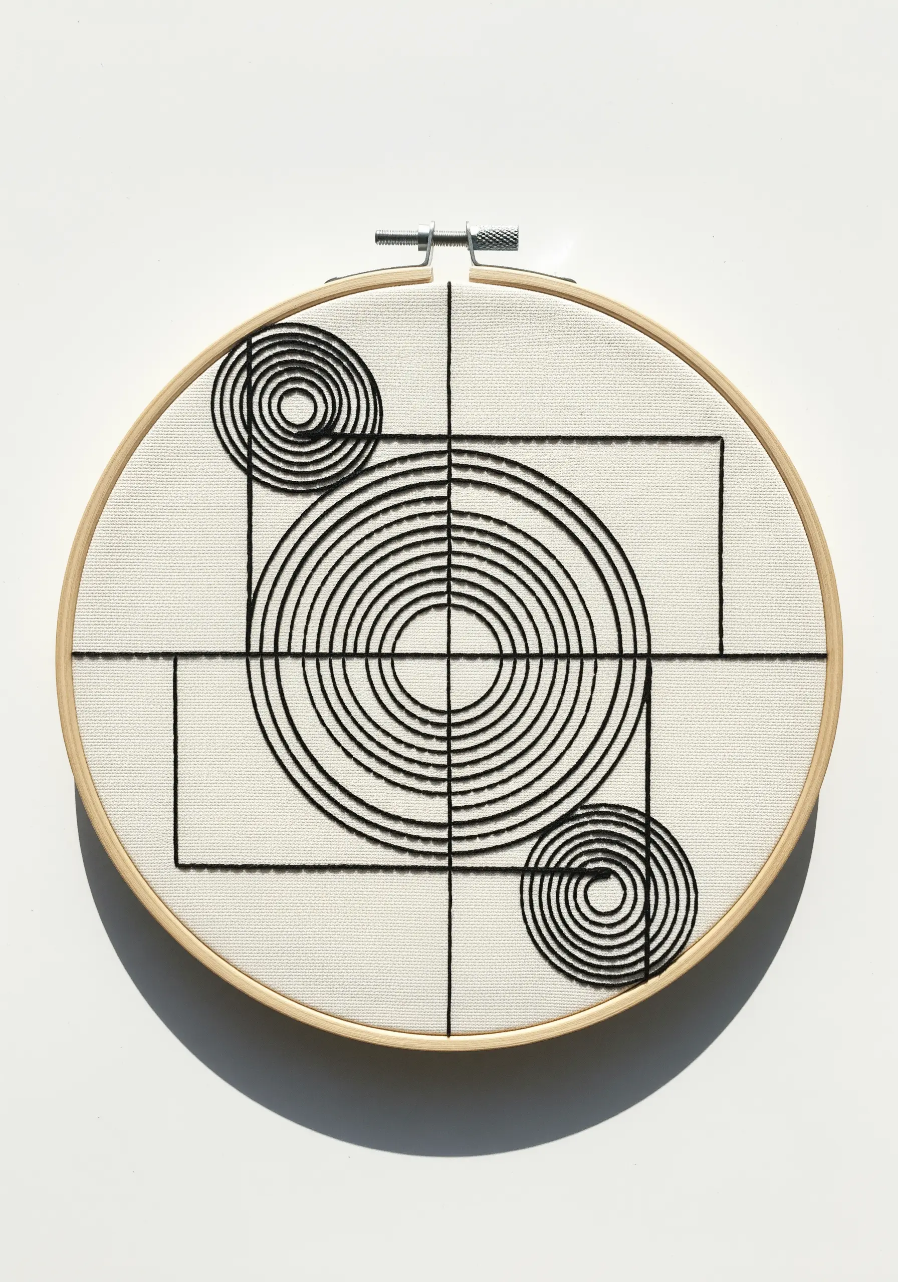 Minimalist black thread embroidery of overlapping circles and lines on off-white canvas fabric.