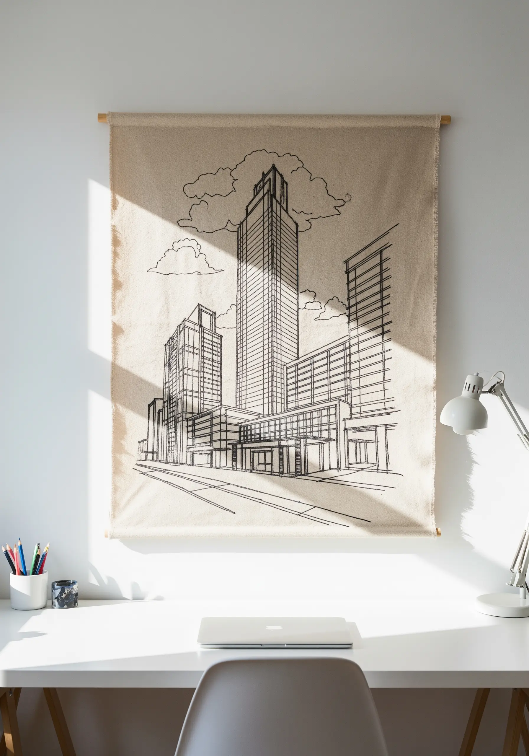 Skyscraper city architecture embroidered in black thread on a beige wall hanging