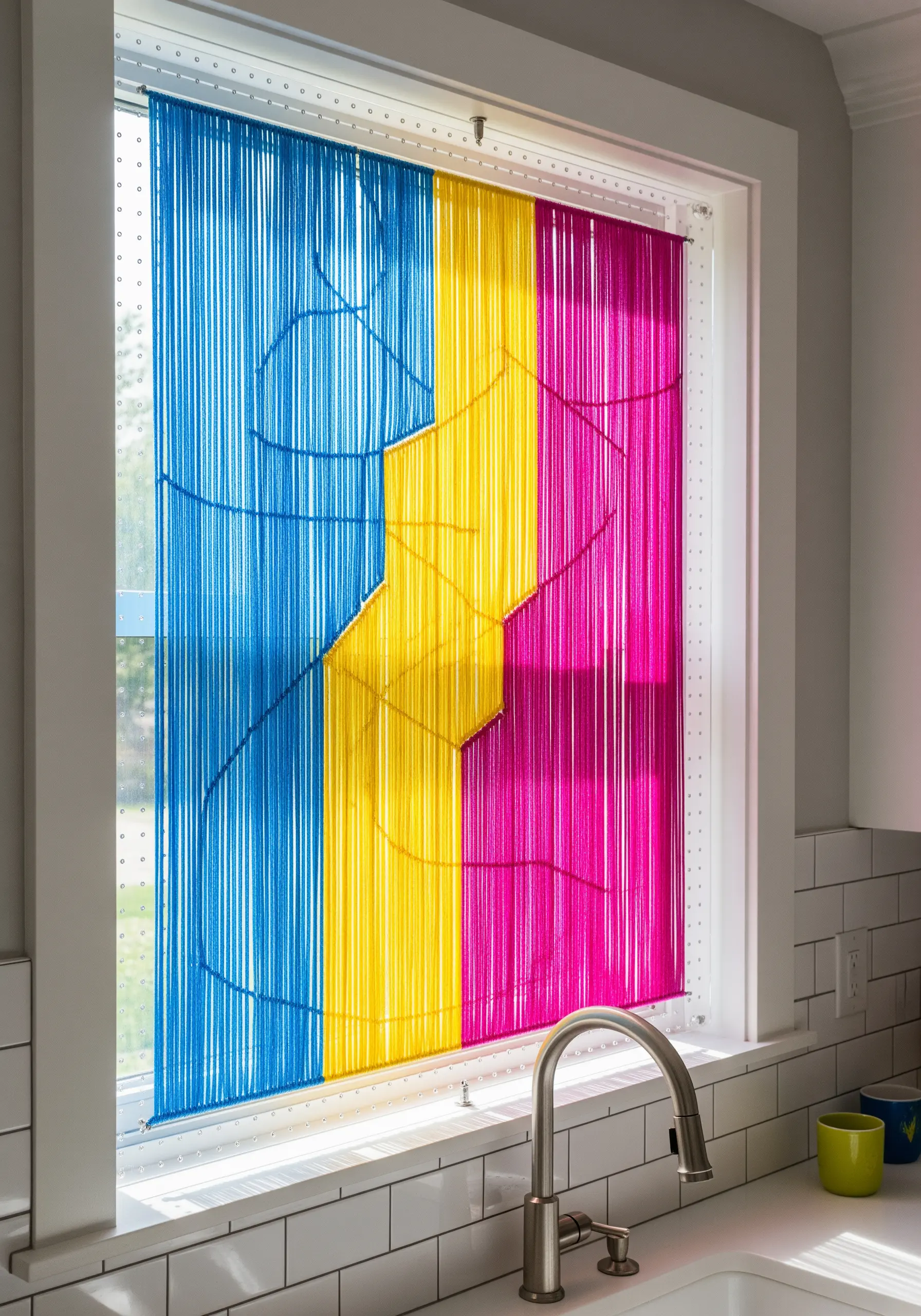 A window covered in a string art installation using vertical strands of blue, yellow, and magenta yarn.